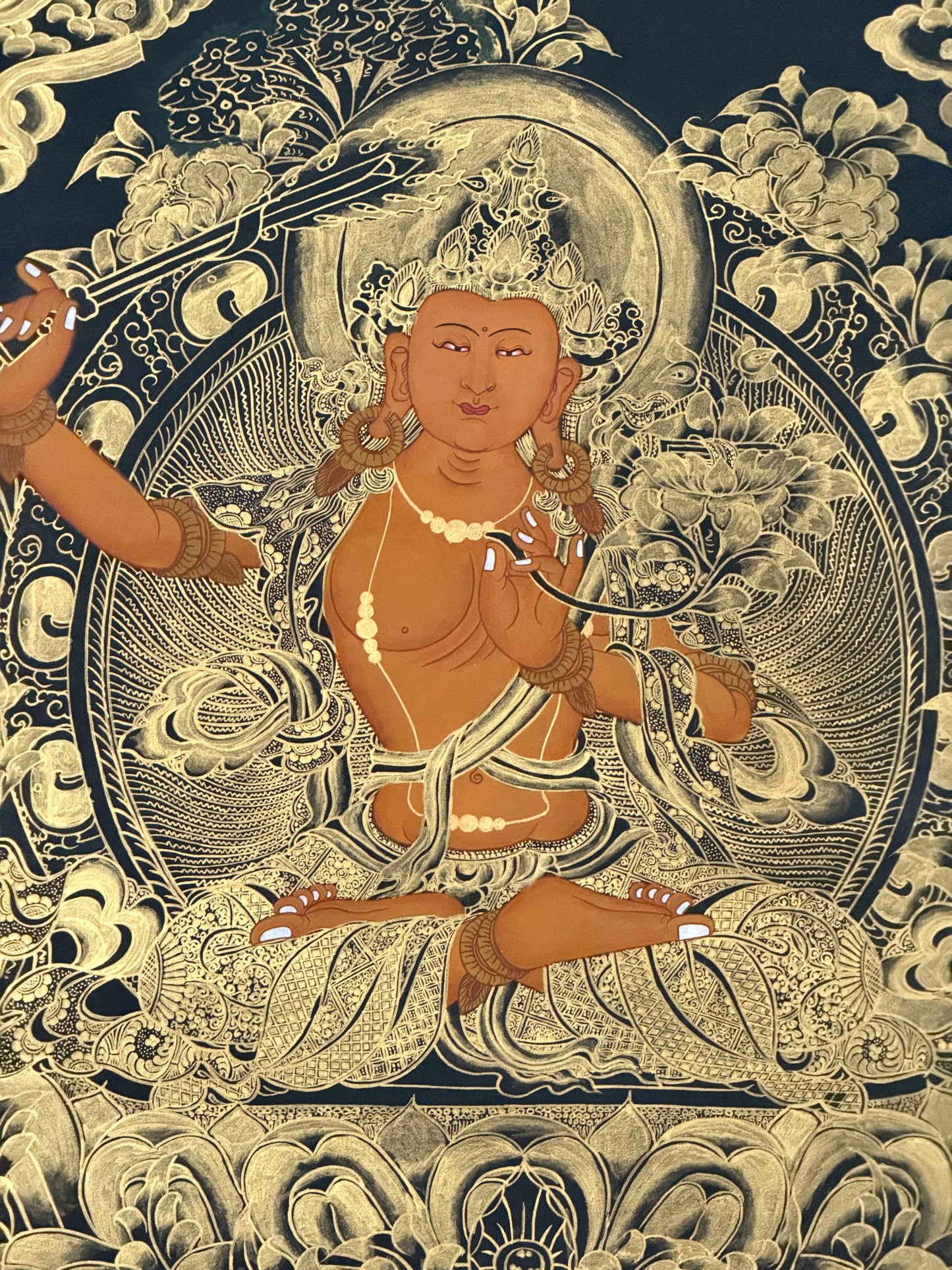 Hand-Painted Black and Gold Manjushri Thangka with Silk Brocade - Tibetan Bodhisattva of Wisdom Art