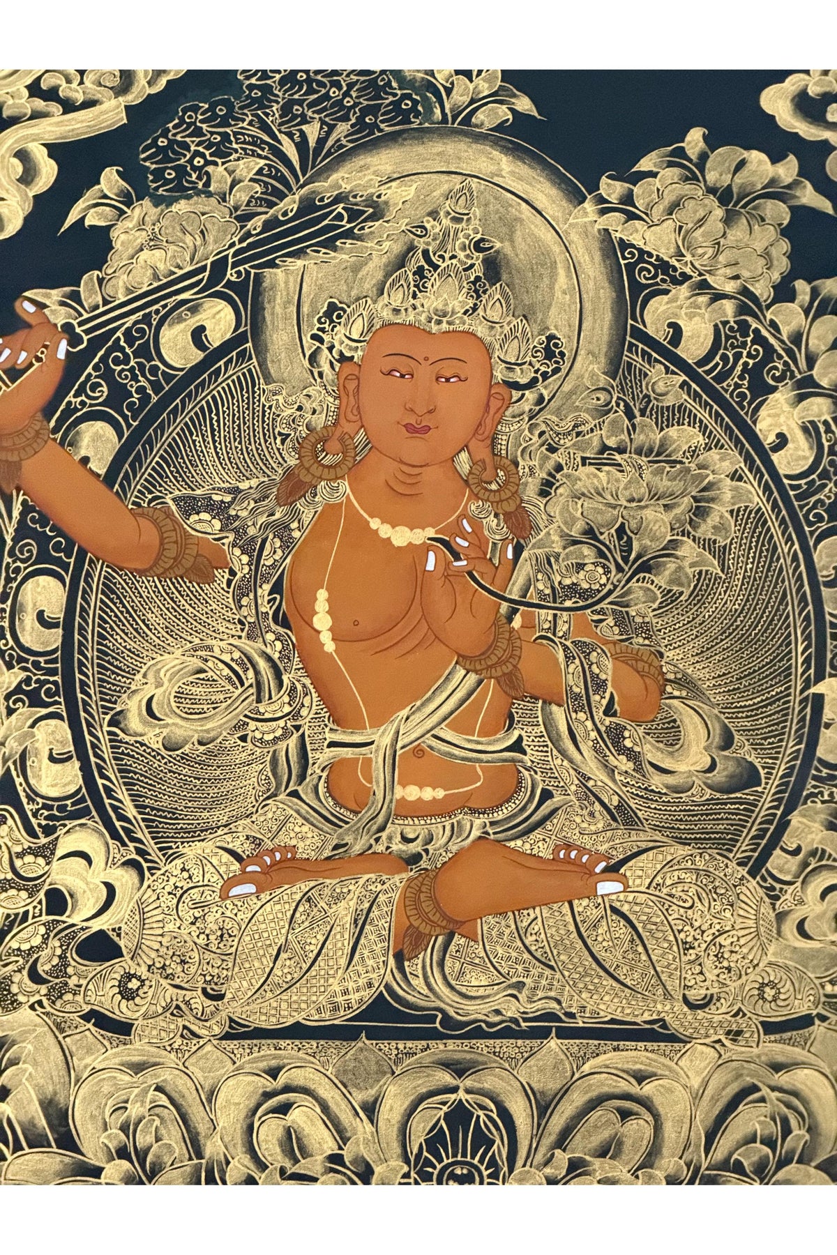 Hand-Painted Black and Gold Manjushri Thangka with Silk Brocade - Tibetan Bodhisattva of Wisdom Art