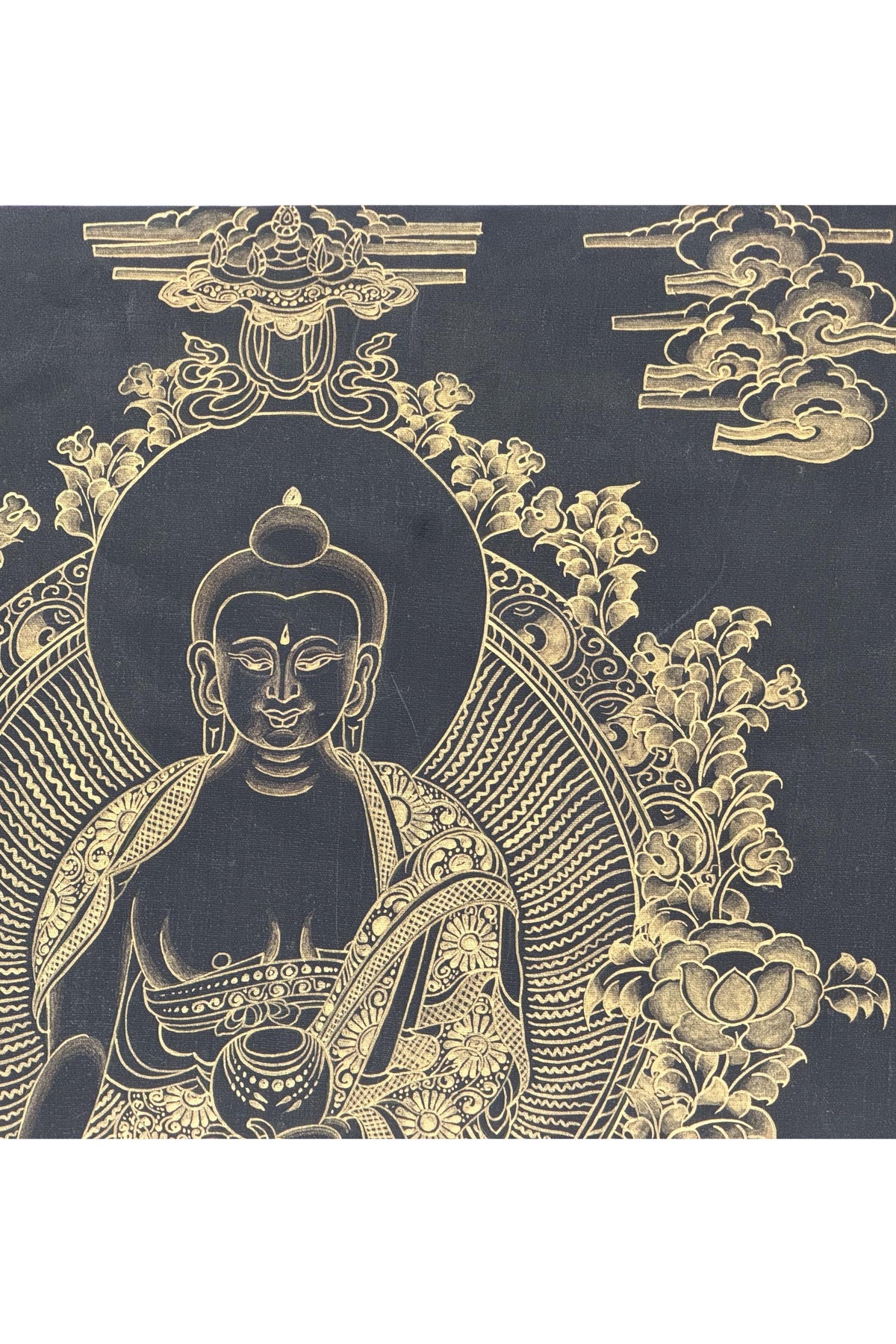 Black and Gold Shakyamuni Buddha Thangka Painting | Traditional Tibetan Buddhist Wall Art