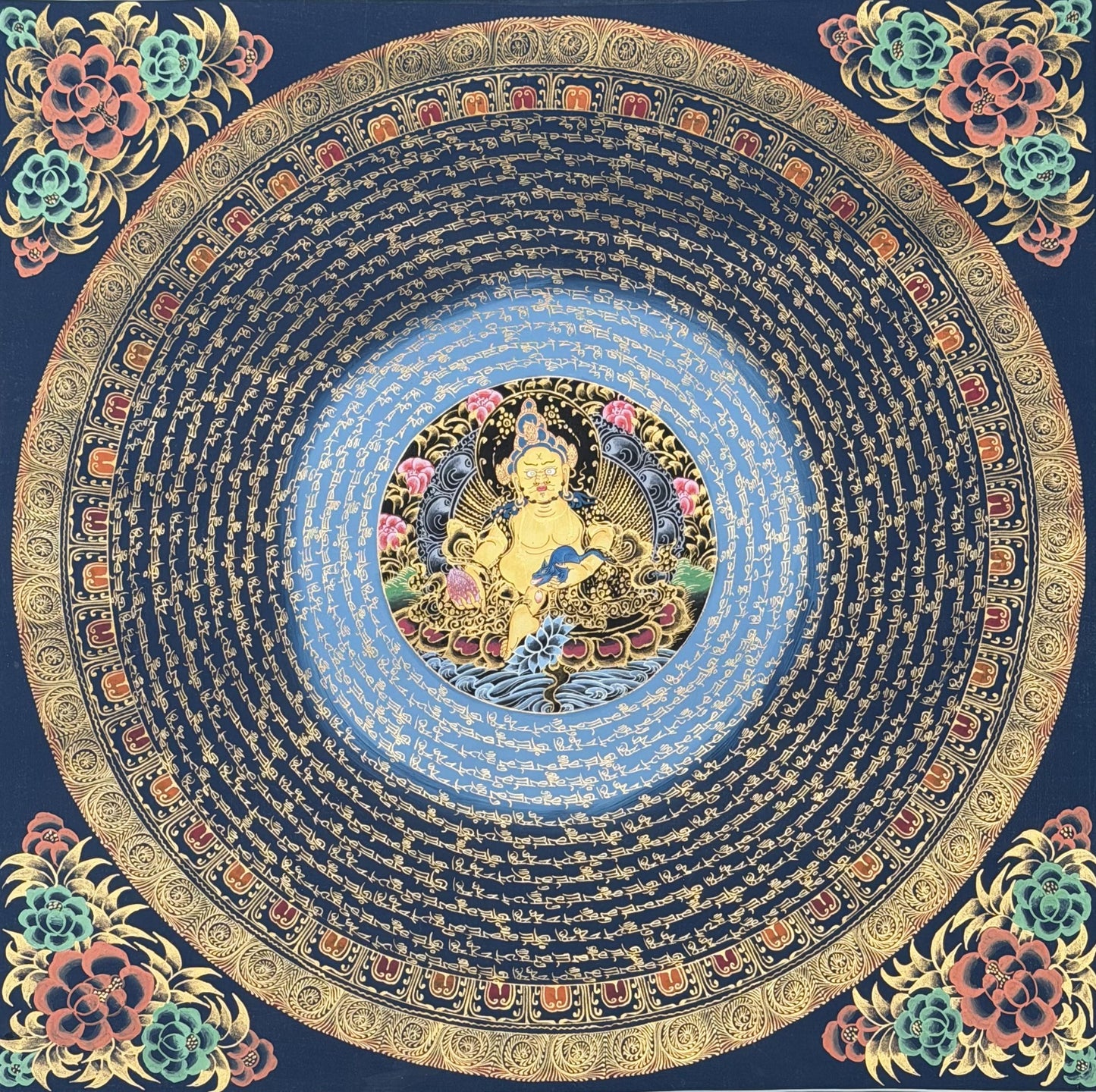 Hand-Painted Jambhala Mantra Mandala Thangka | Tibetan Wealth Deity Art | Abundance Wall Decor