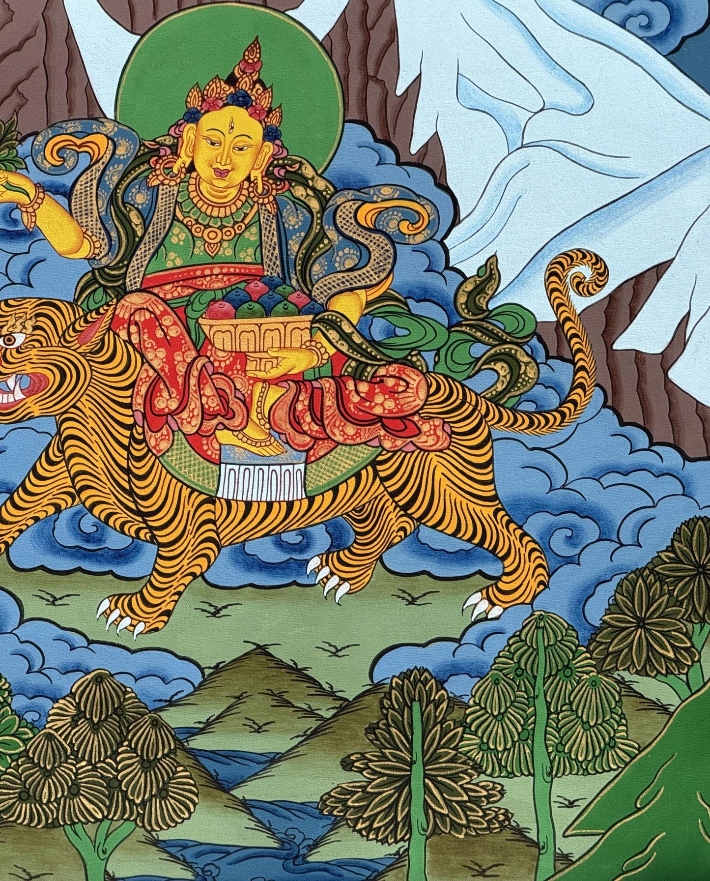 Original Hand-Painted Miyolangsangma Tibetan Thangka With Silk Brocade – Mountain Goddess of Compassion