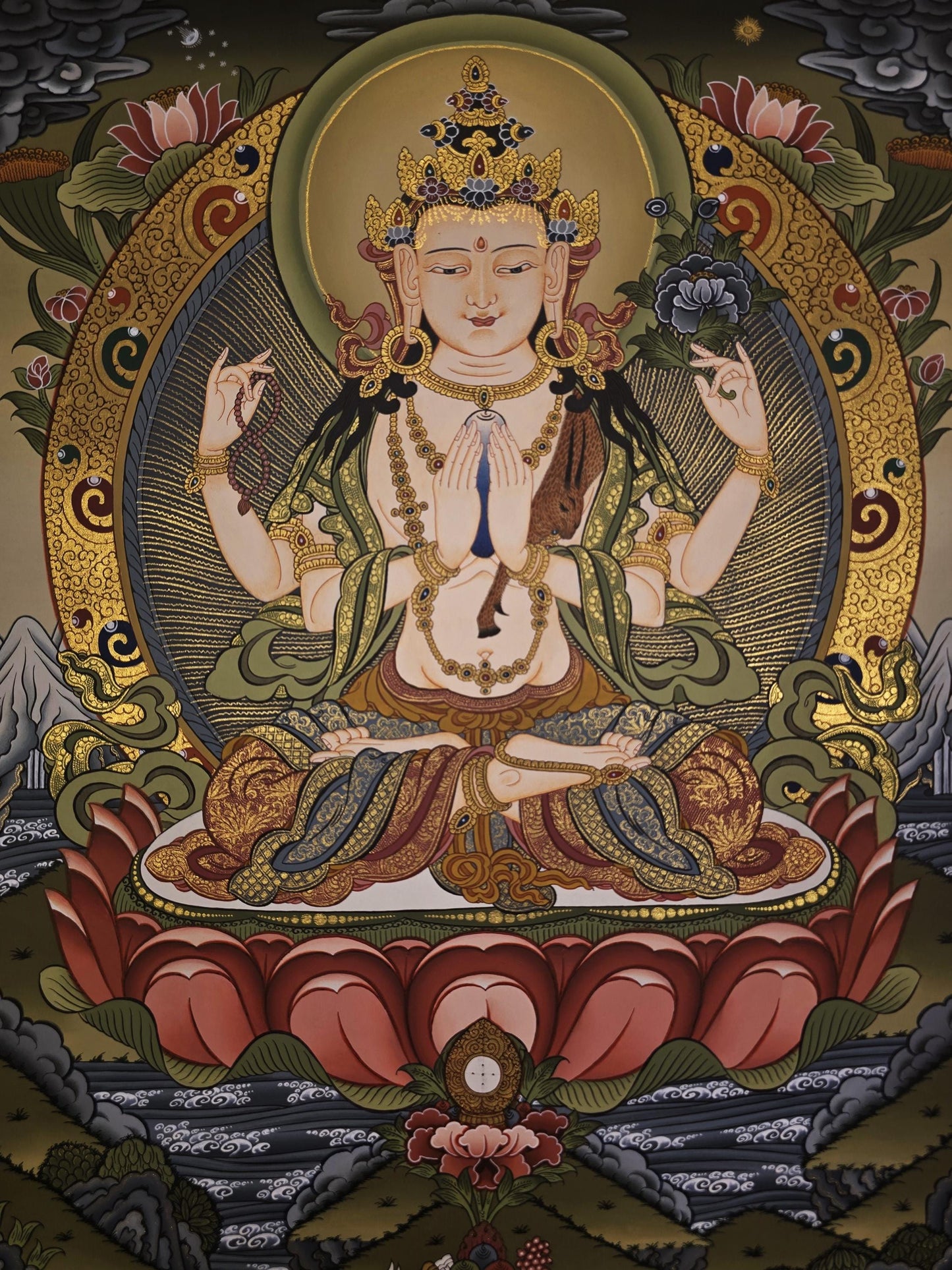 Eight-Armed Chenrezig Avalokiteshvara Thangka Painting – Hand-Painted 24K Gold Tibetan Buddhist Compassion Art