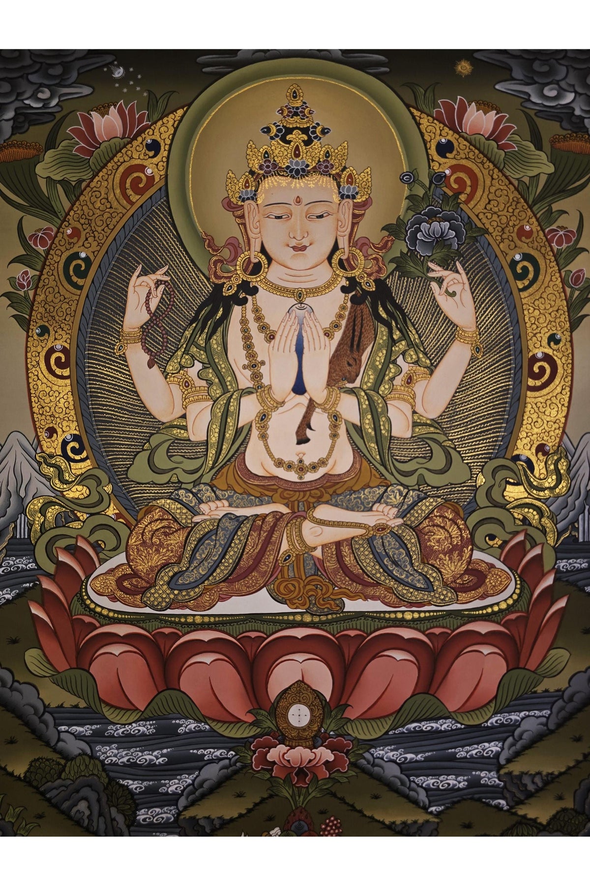 Eight-Armed Chenrezig Avalokiteshvara Thangka Painting – Hand-Painted 24K Gold Tibetan Buddhist Compassion Art