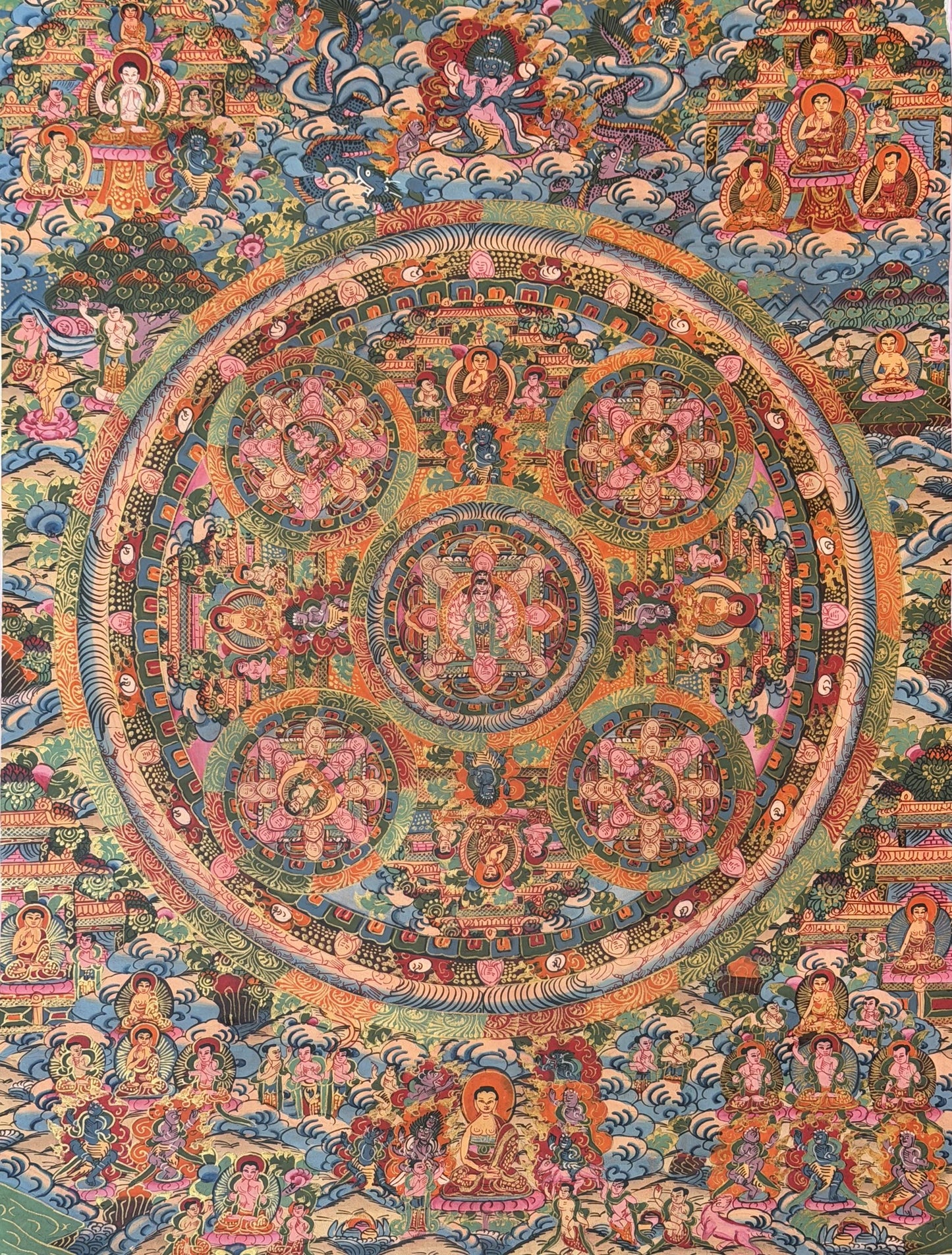 Hand-Painted Original Buddha Life Mandala Thangka Painting – Tibetan Wall Hanging with Silk
