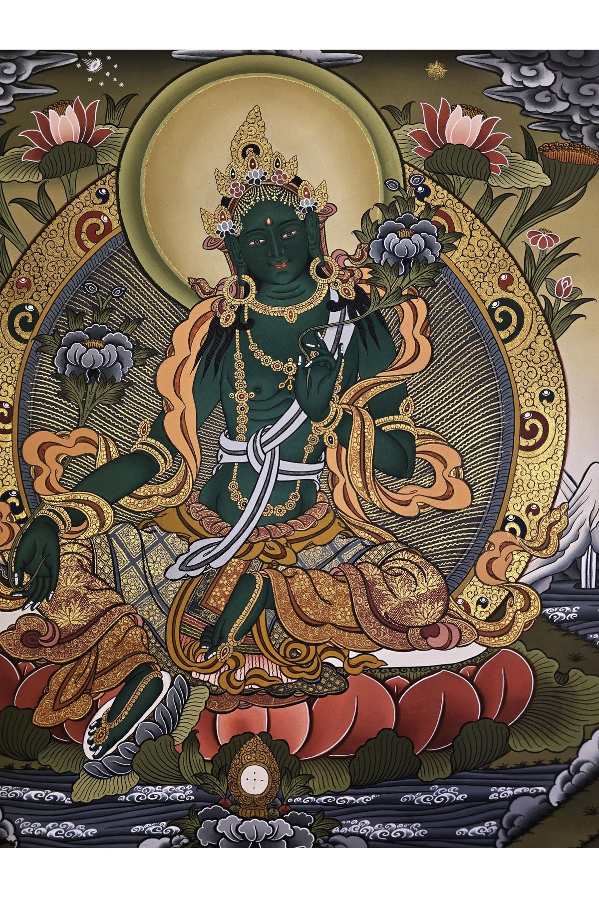 Hand-Painted 24 Karat Gold Green Tara Tibetan Thangka Painting