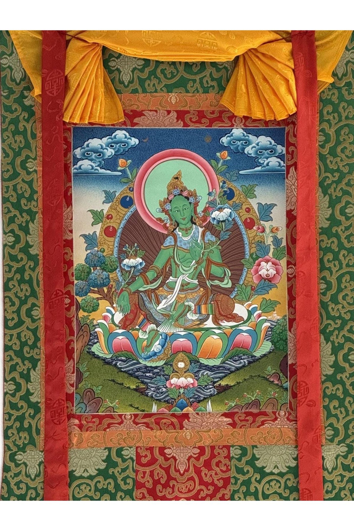 Green Tara Thangka Painting | Hand-Painted Tibetan Goddess Art with Silk Brocade