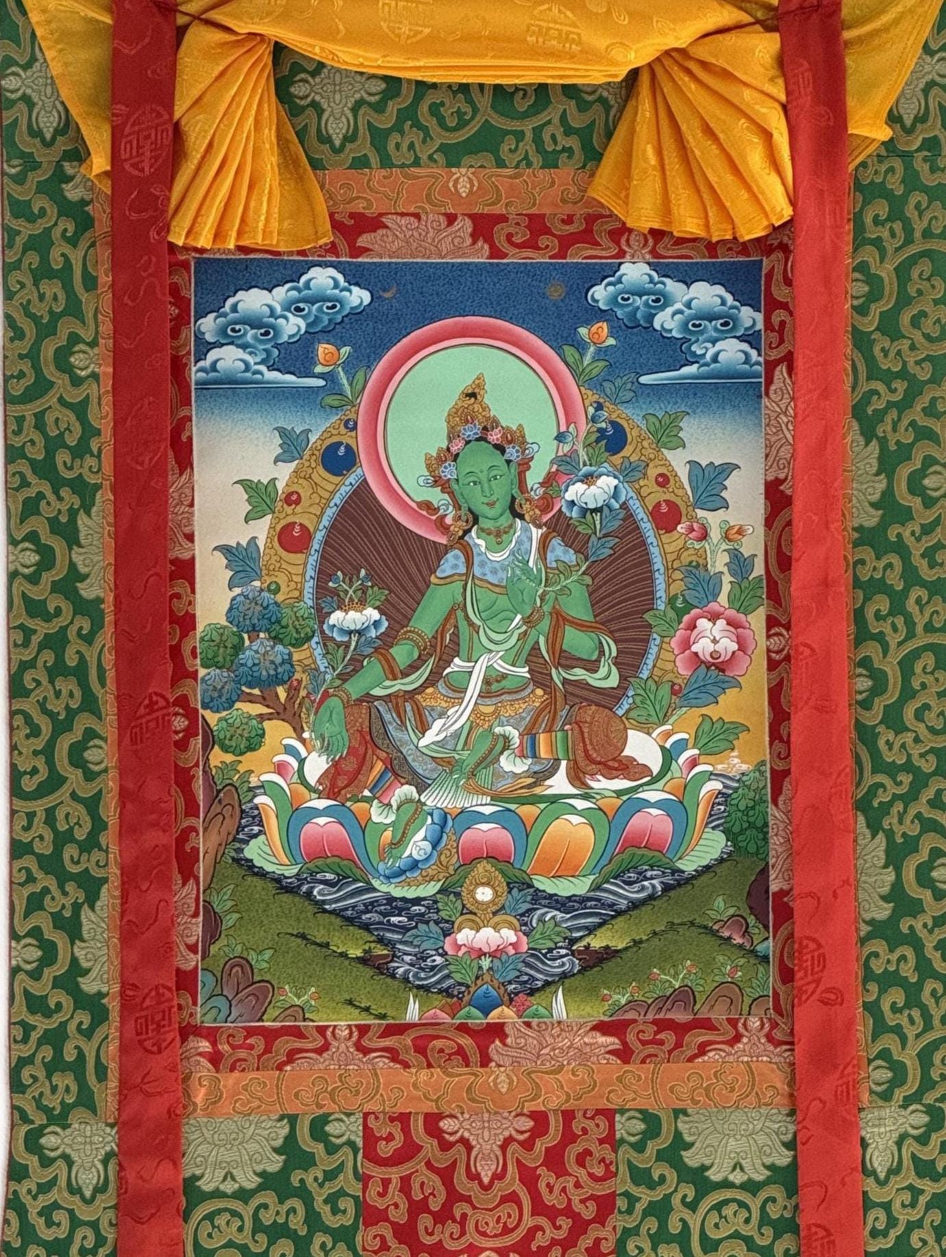 Green Tara Thangka Painting | Hand-Painted Tibetan Goddess Art with Silk Brocade