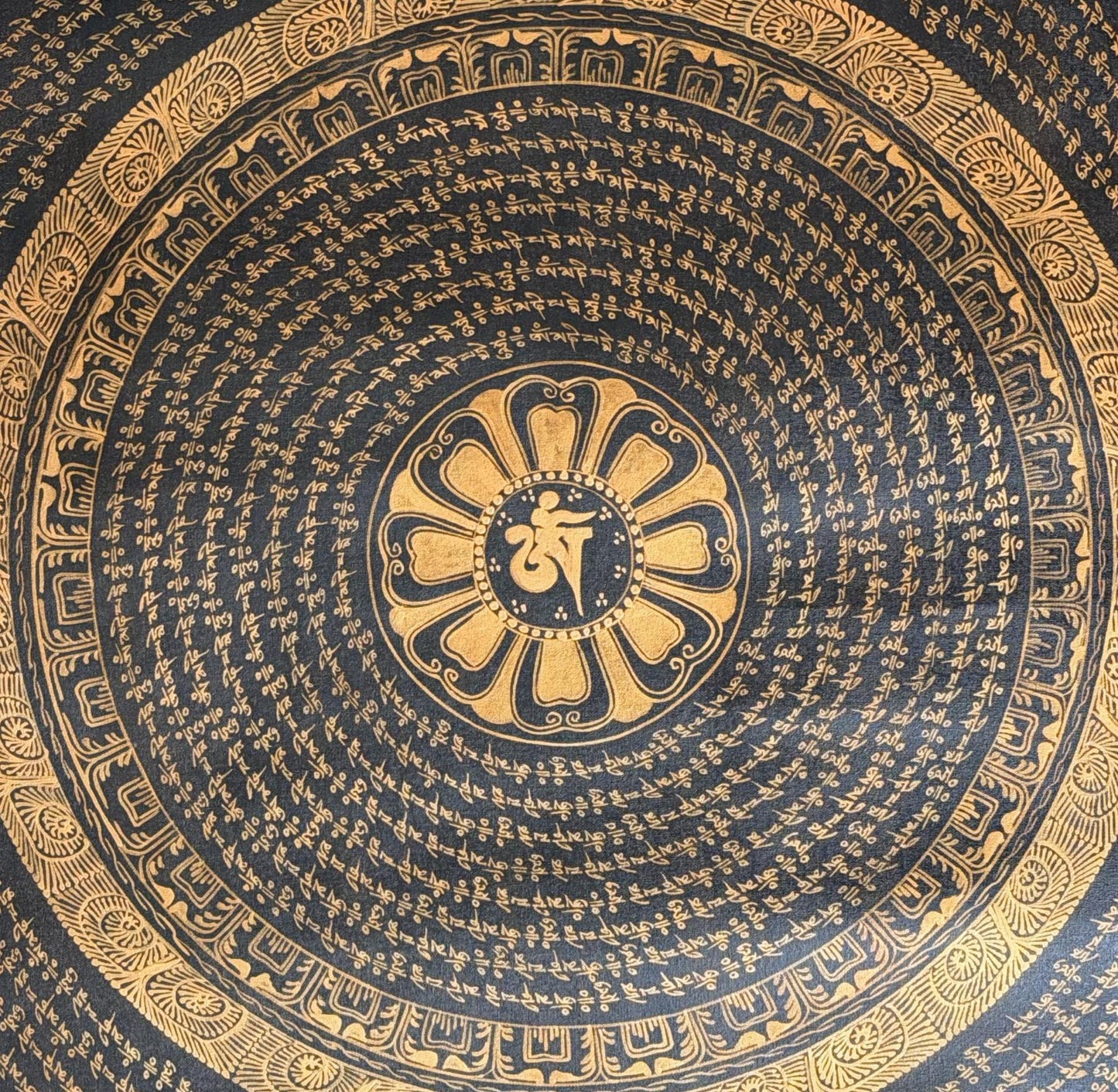 Tibetan Om Mantra Thangka | Hand-Painted Mandala Wall Art | Oil Varnished Meditation Hanging | Silk Brocade