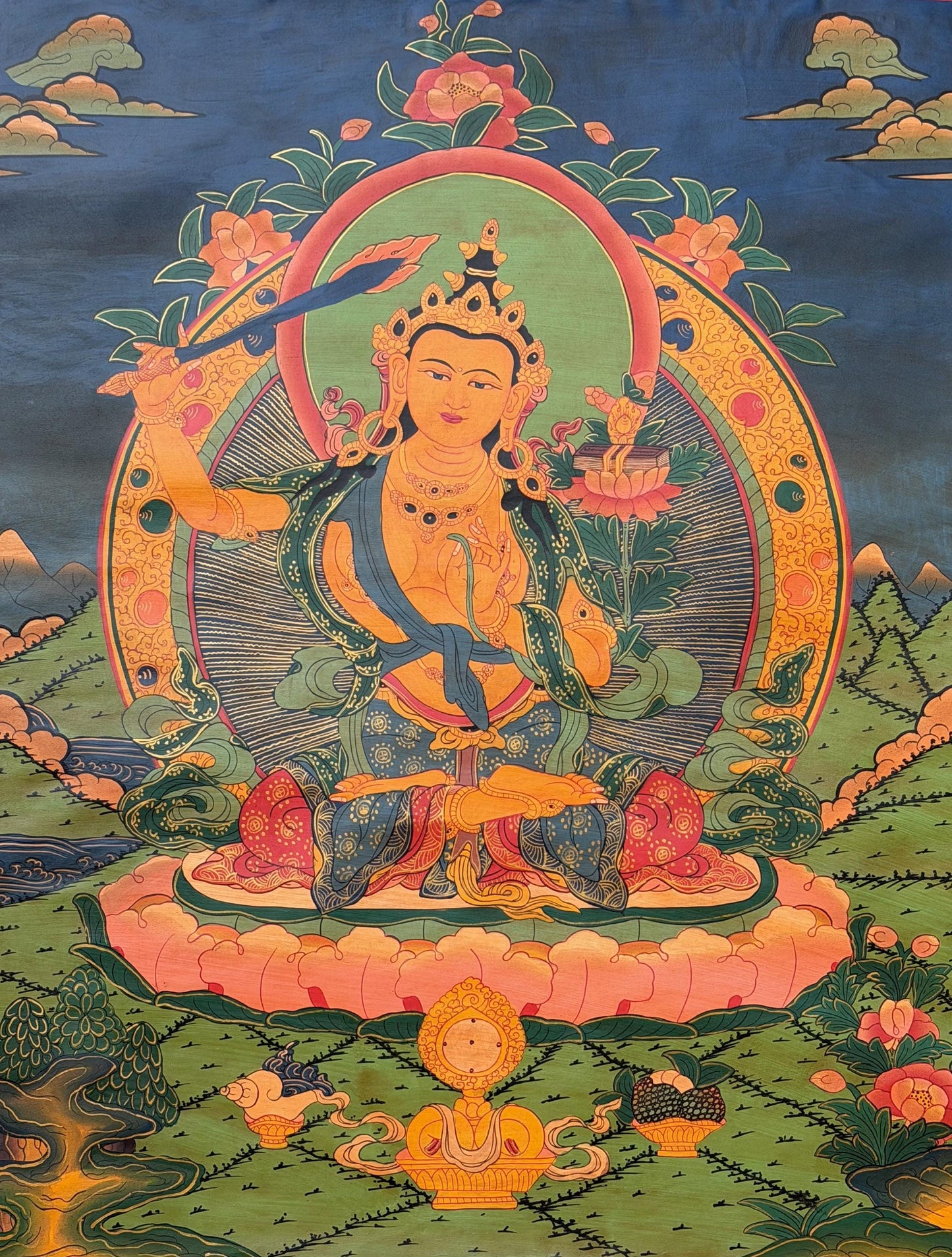 Hand Painted Manjushri Thangka, God of Wisdom Painting From Nepal