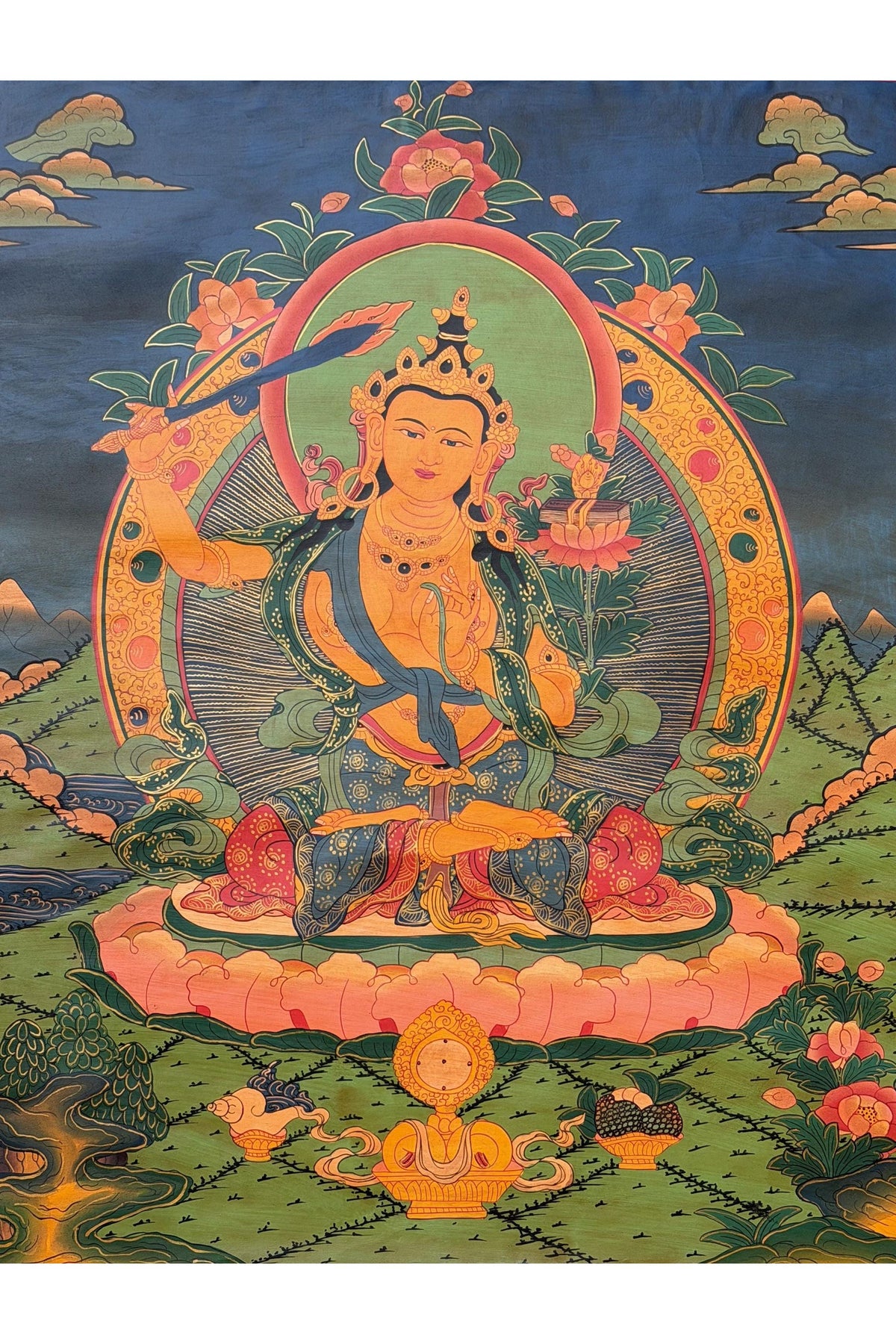 Hand Painted Manjushri Thangka, God of Wisdom Painting From Nepal