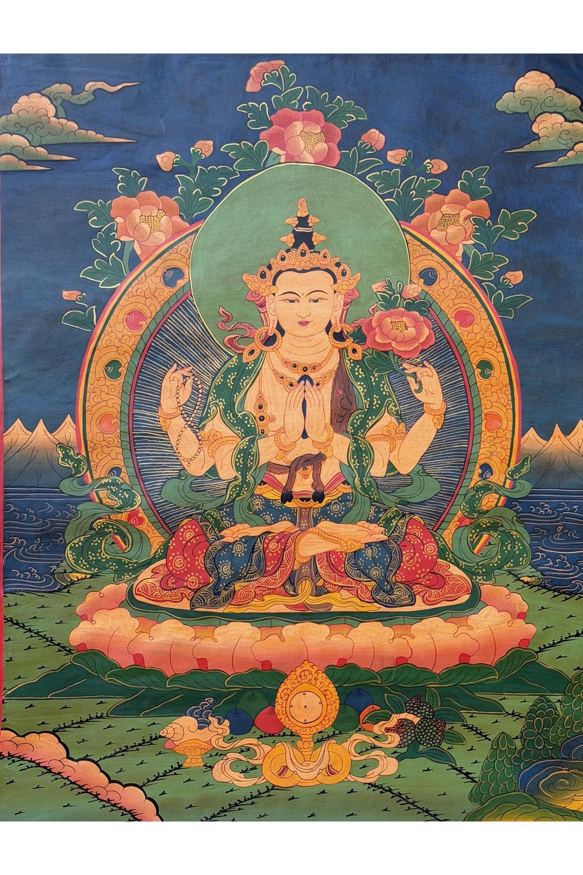 Hand-Painted Tibetan Thangka – Four-Armed Chenrezig (Avalokiteshvara) | Silk Brocade, Oil Varnished