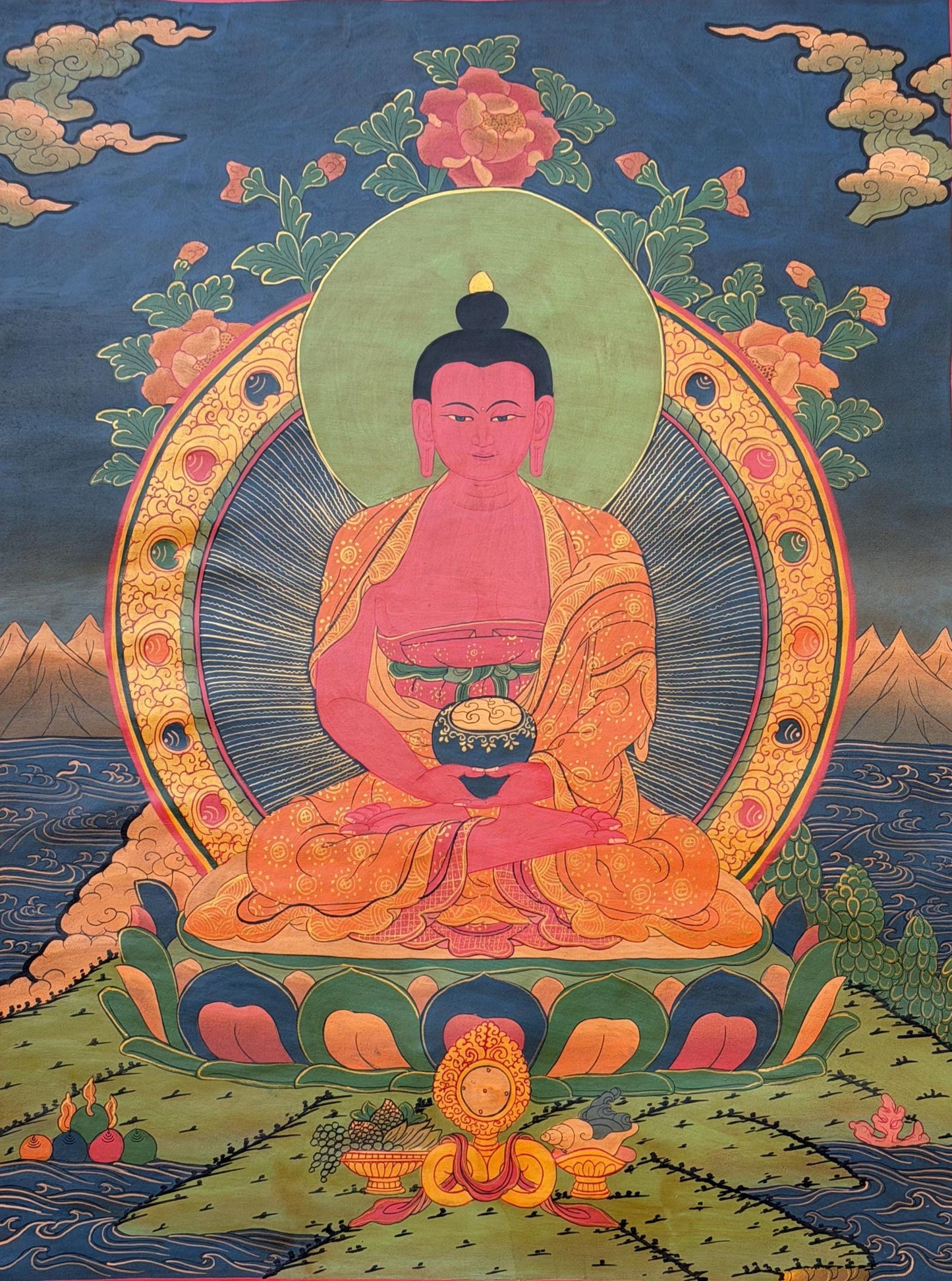 Amitabha Buddha Oil Varnished Thangka Painting, Hand-Painted Tibetan Art