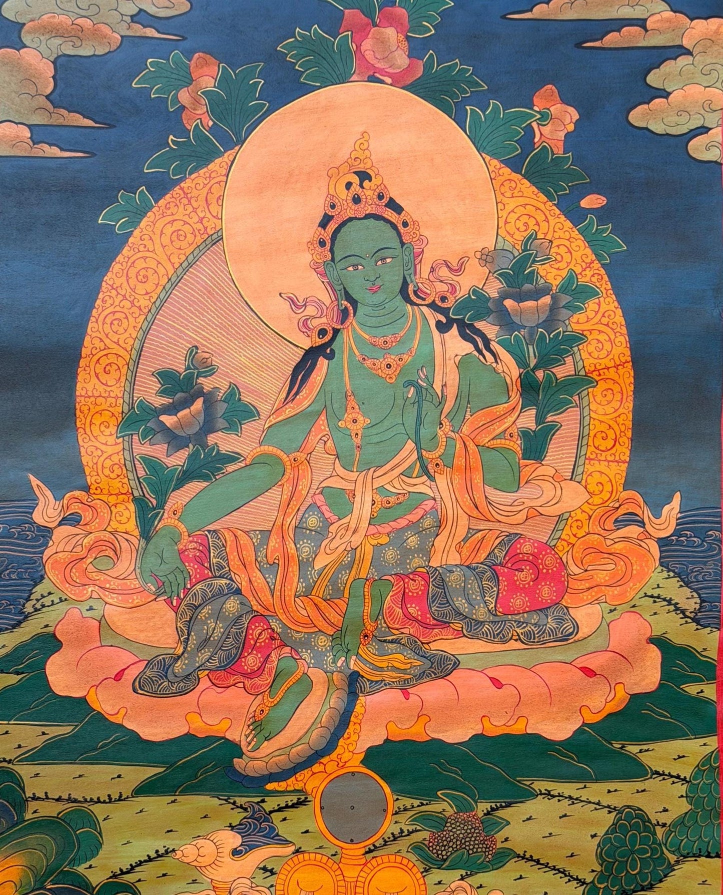 Hand-Painted Green Tara Thangka – Tibetan Goddess Art, Oil Varnished Painting
