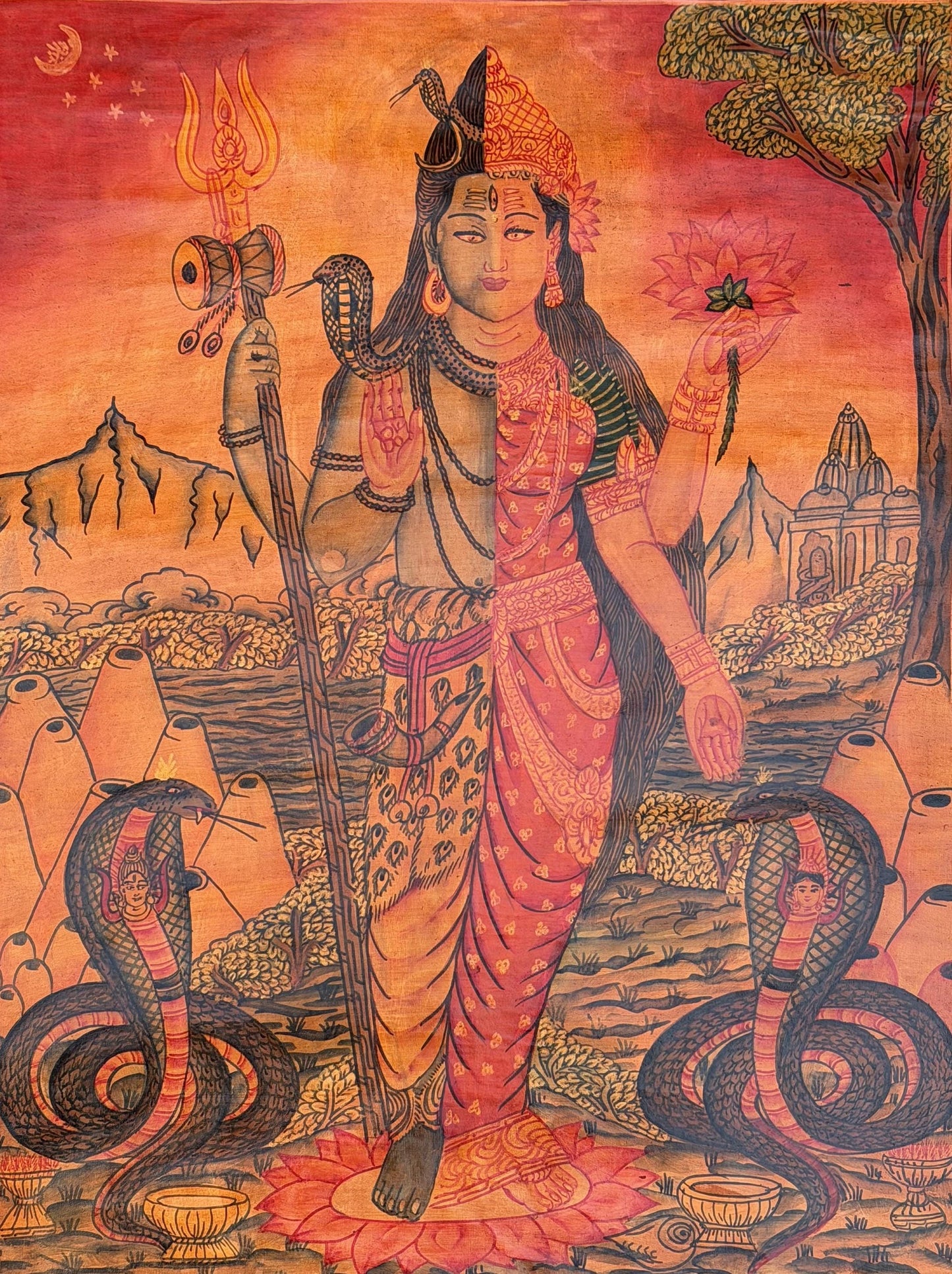 Ardhanarishvara Shiva Shakti Thangka | Newari Paubha Style | Oil Varnished Sacred Art | Spiritual Wall Decor