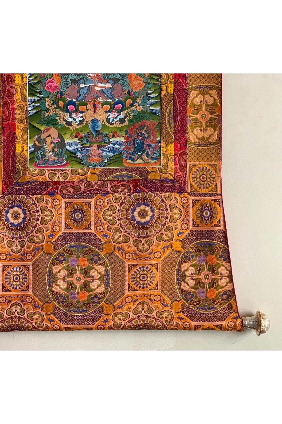 Hand-Painted Chenrezig Avalokiteshvara Thangka | 24K Gold Tibetan Art | Chandan Khadi Silk Brocade