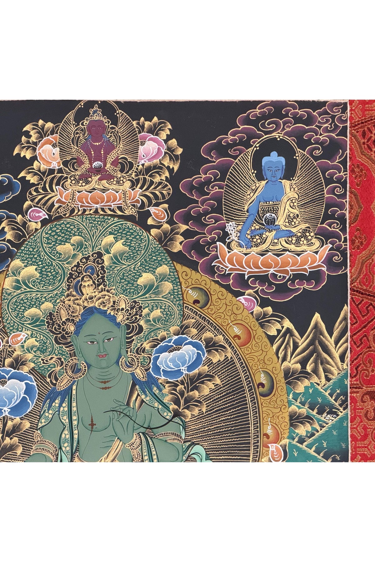 Hand-Painted Green Tara Thangka with Silk Brocade | Tibetan Goddess of Prosperity & Protection