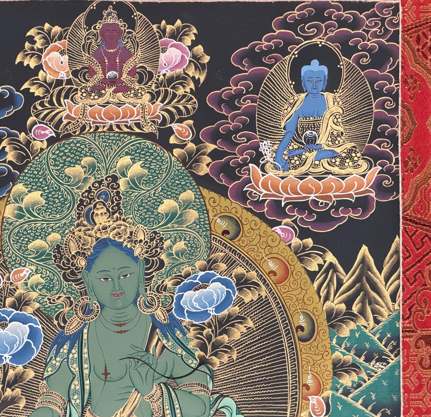 Hand-Painted Green Tara Thangka with Silk Brocade | Tibetan Goddess of Prosperity & Protection
