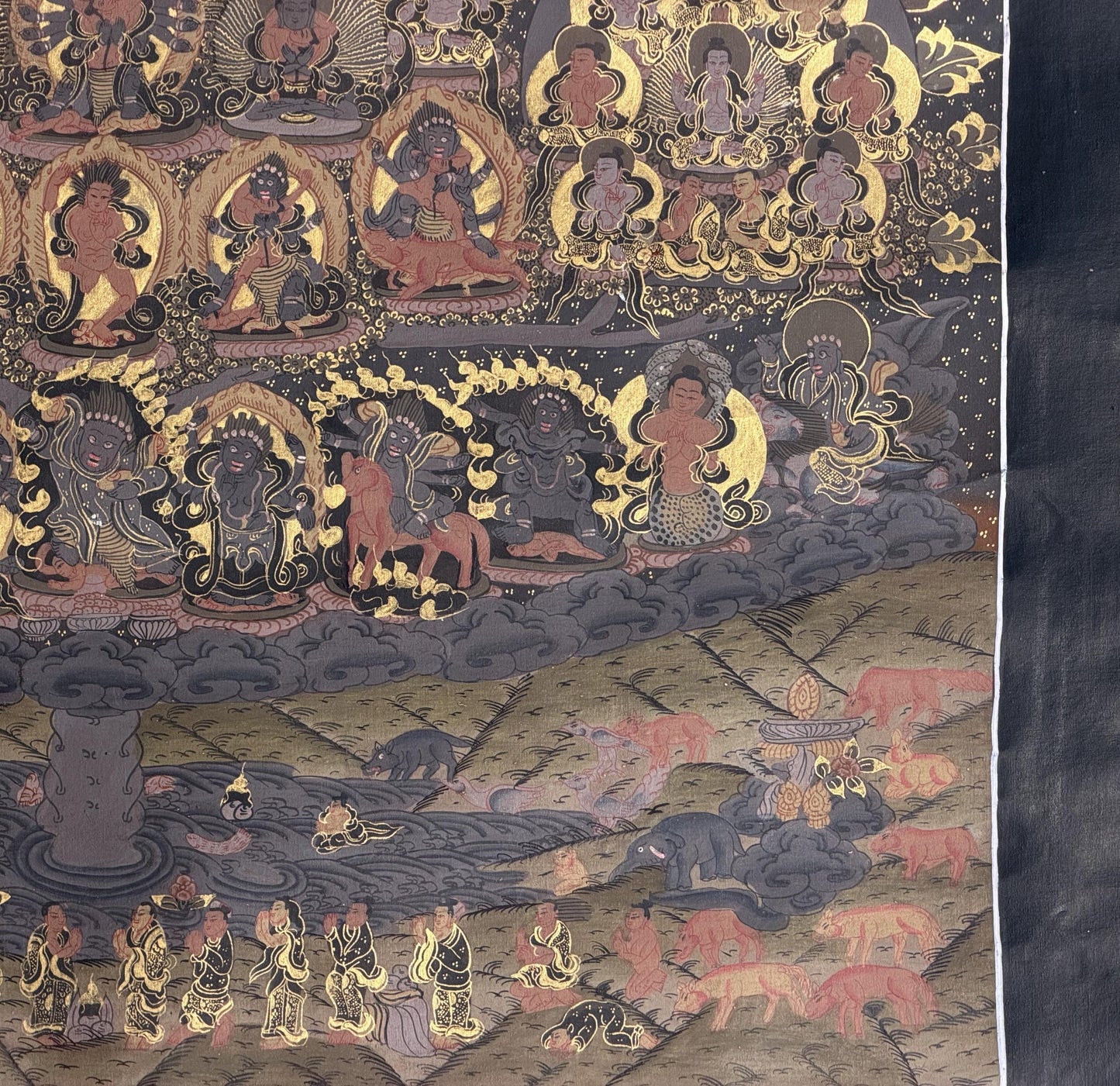 Buddha Vajradhara Kagyu Lineage Tree Thangka | Black & Gold Tibetan Masterpiece | Old Hand-Painted Art