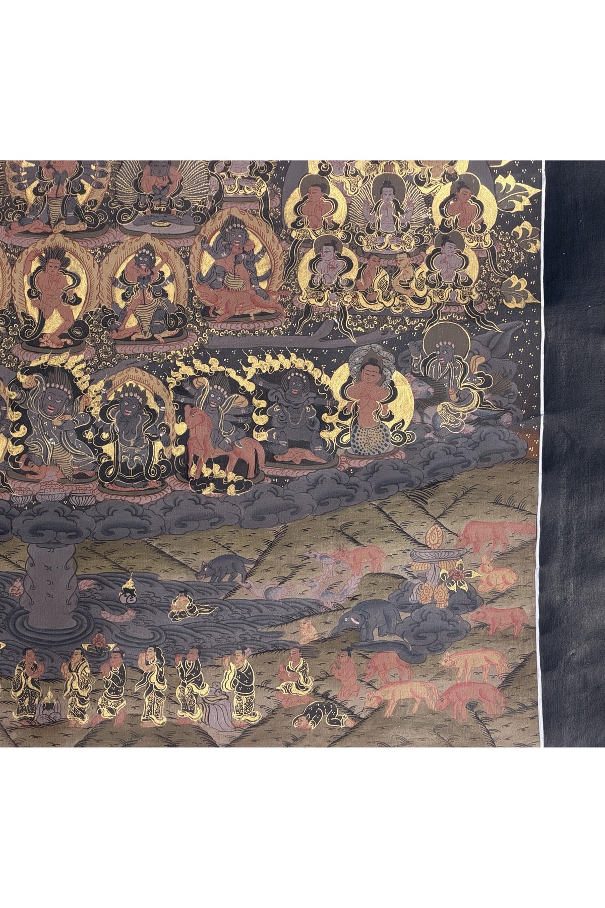 Buddha Vajradhara Kagyu Lineage Tree Thangka | Black & Gold Tibetan Masterpiece | Old Hand-Painted Art