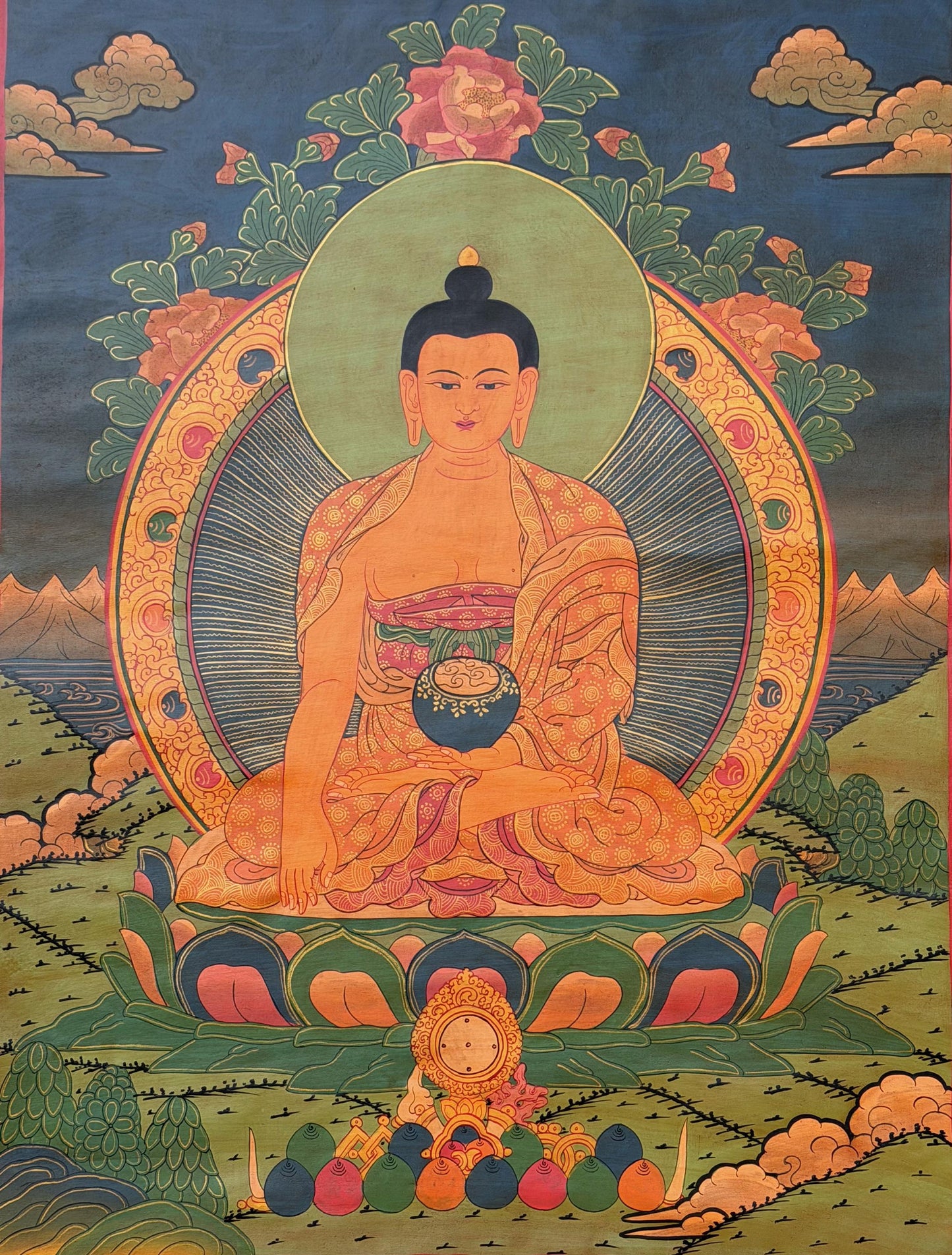 Original Oil-Varnished Shakyamuni Buddha Thangka – Hand-Painted Tibetan Buddhist Art From Nepal