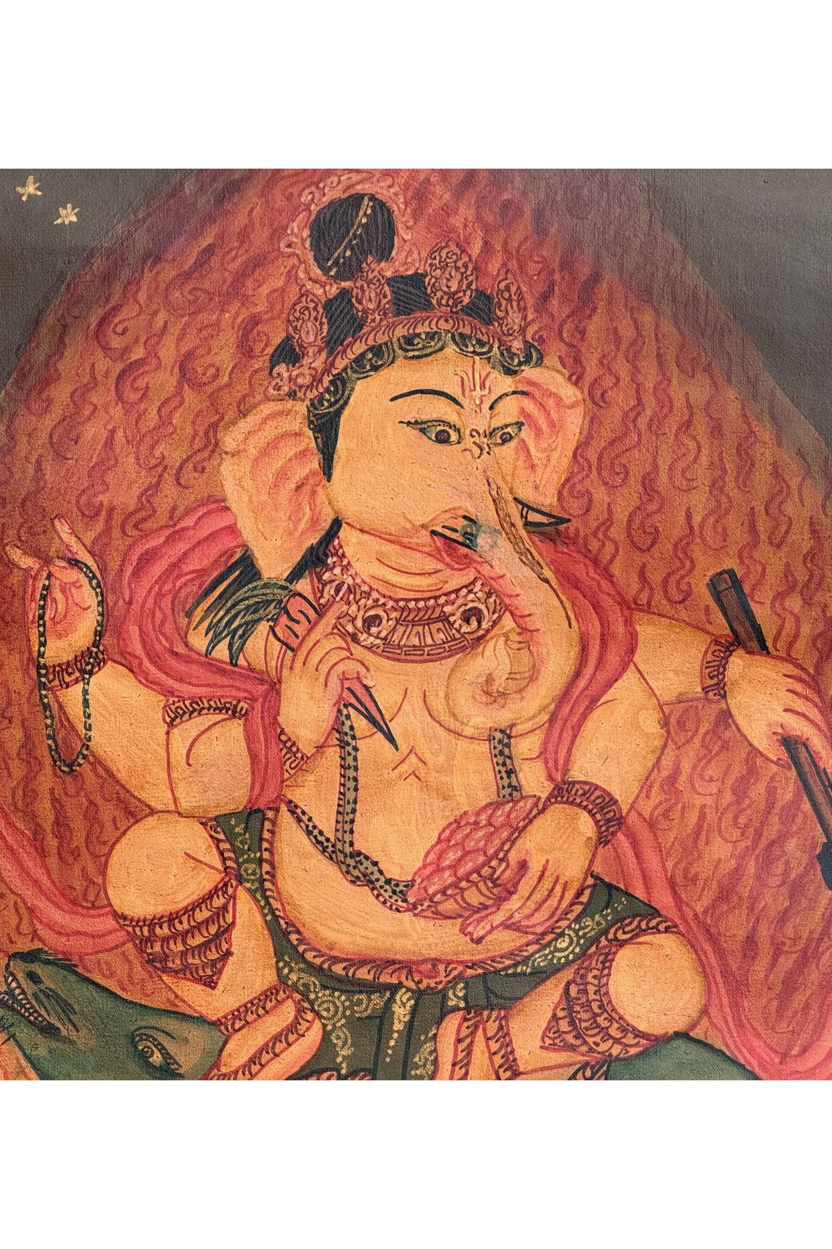 Hand-Painted Ganesha Newari Thangka | Ganapati Masterpiece with Silk Brocade | Oil Varnished Art