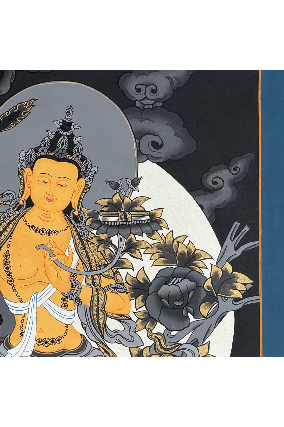 Black & Gold Manjushri Tibetan Thangka | Wisdom Buddha Hand-Painted Art