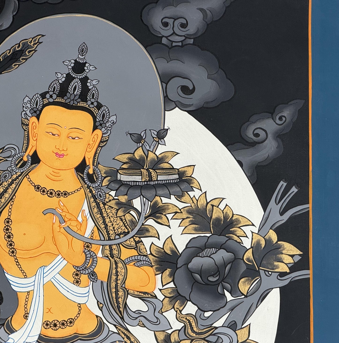 Black & Gold Manjushri Tibetan Thangka | Wisdom Buddha Hand-Painted Art