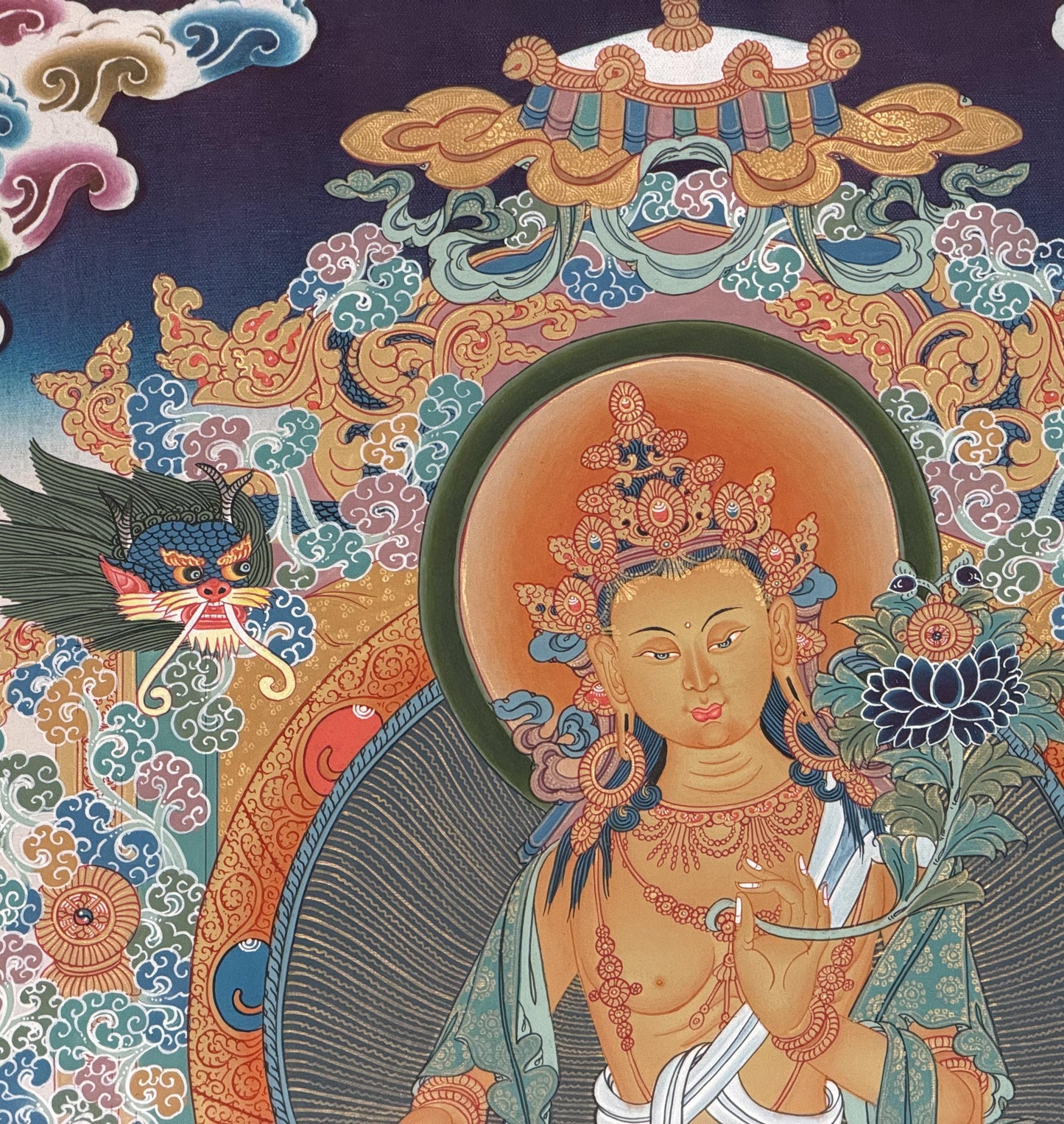 Hand-Painted Maitreya Buddha Thangka with 24K Gold | Blessed Tibetan Art | Silk Brocade Masterpiece