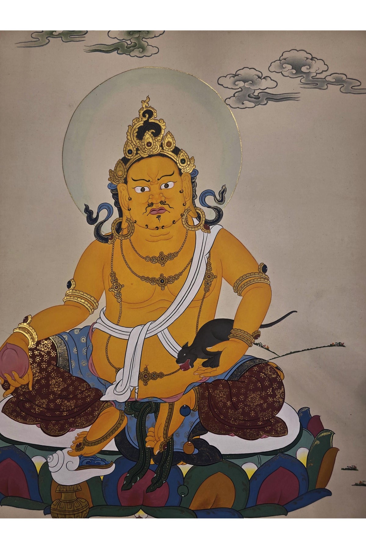 Hand Painted Kubera Jambhala Thangka, God of Wealth, Karma Gadri Style Tibetan Art