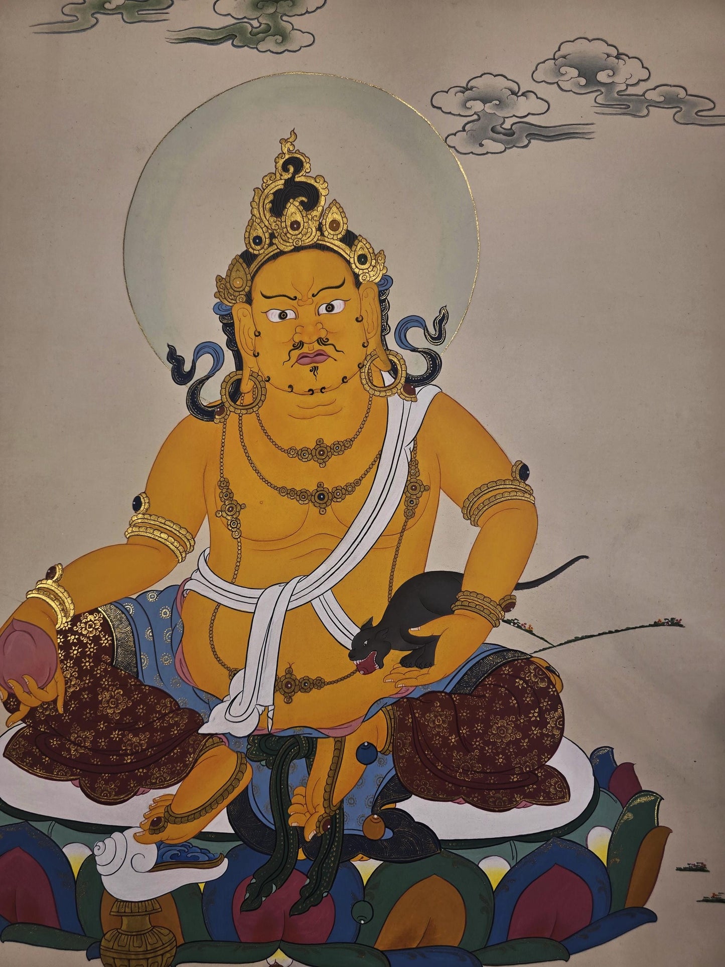 Hand Painted Kubera Jambhala Thangka, God of Wealth, Karma Gadri Style Tibetan Art