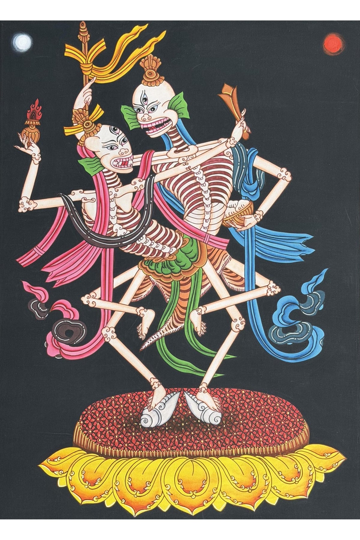 Citipati Thangka – Hand-Painted Dancing Skeleton, Silk Brocade Tibetan Art