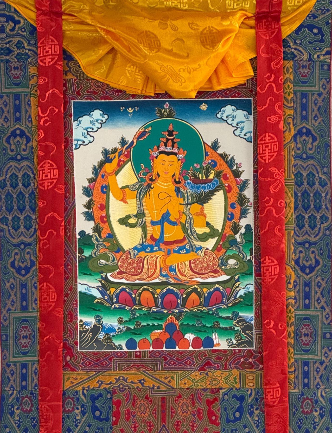 Manjushri Tibetan Thangka – Hand-Painted Buddhist Art, Silk Brocade Frame