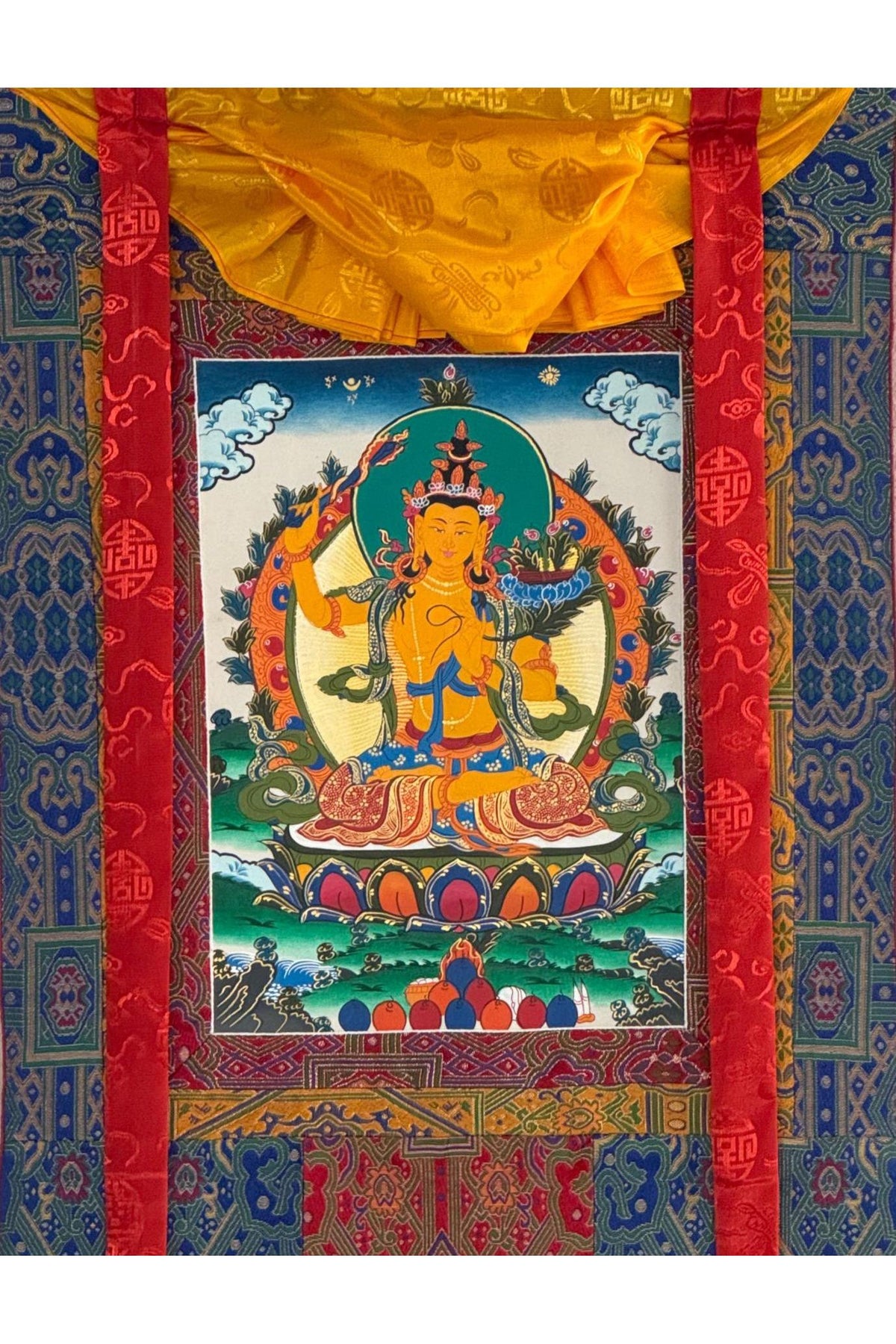 Manjushri Tibetan Thangka – Hand-Painted Buddhist Art, Silk Brocade Frame