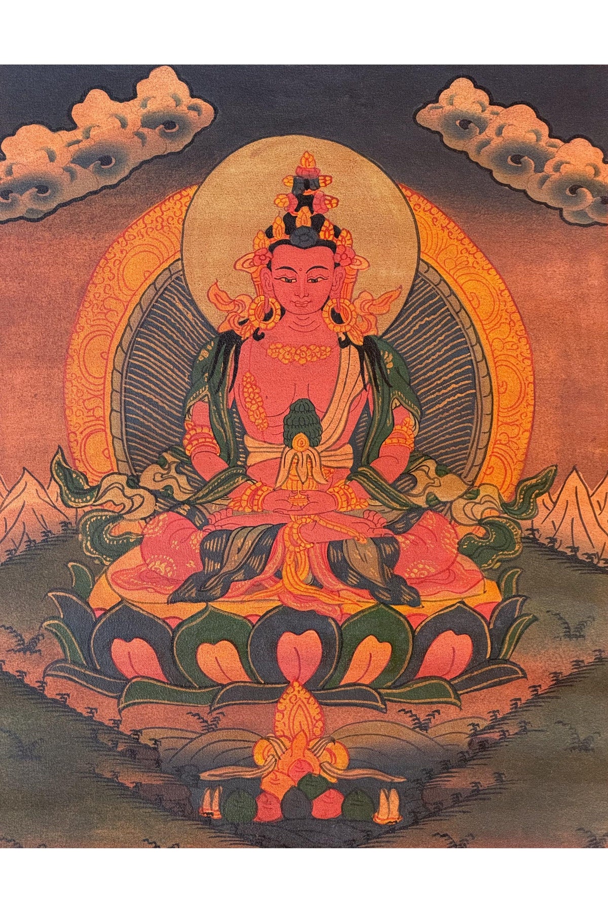 Hand-Painted Amitayus (Aparmita) Thangka | Oil Varnished Tibetan Longevity Buddha Art | Silk Brocade Framed