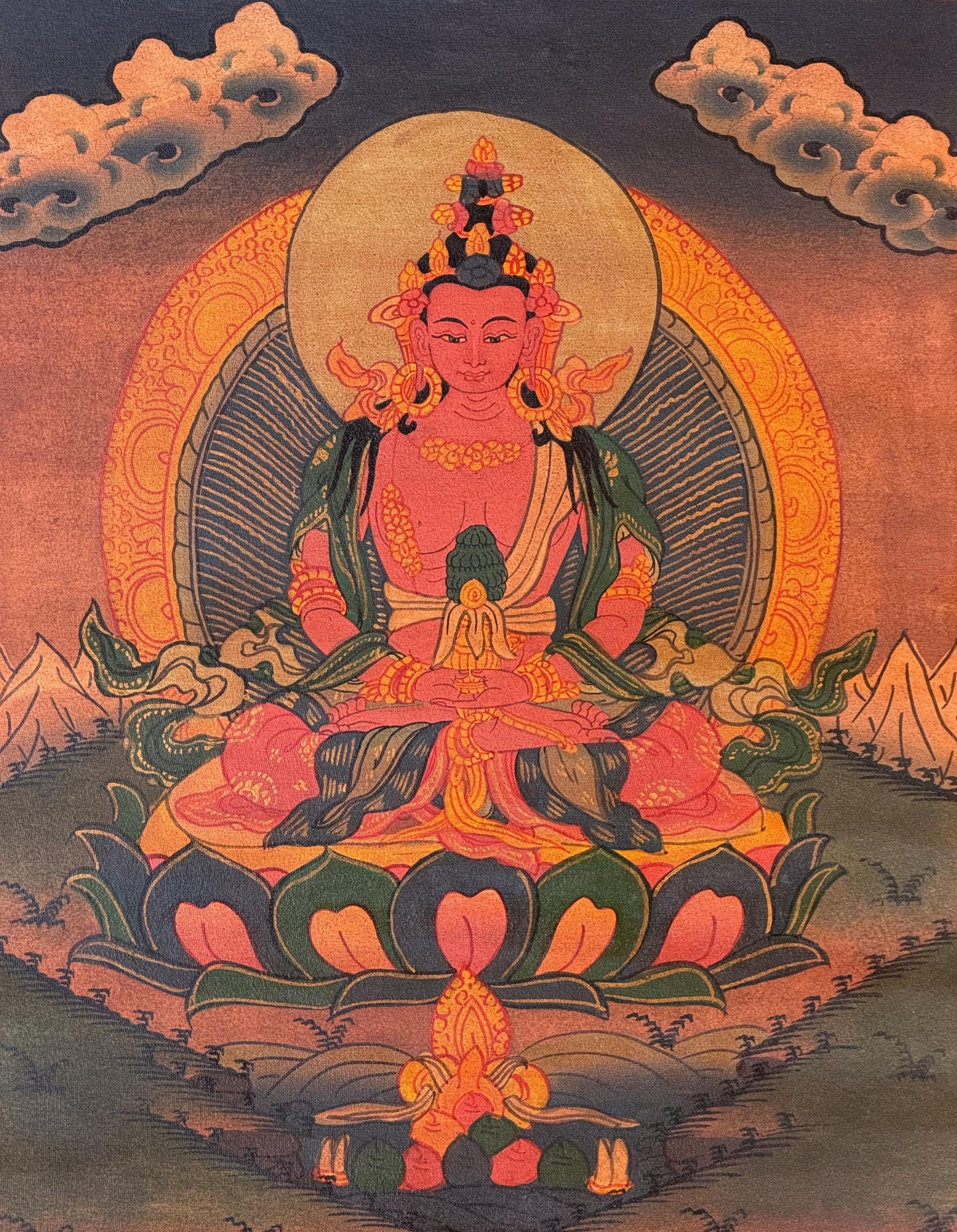Hand-Painted Amitayus (Aparmita) Thangka | Oil Varnished Tibetan Longevity Buddha Art | Silk Brocade Framed