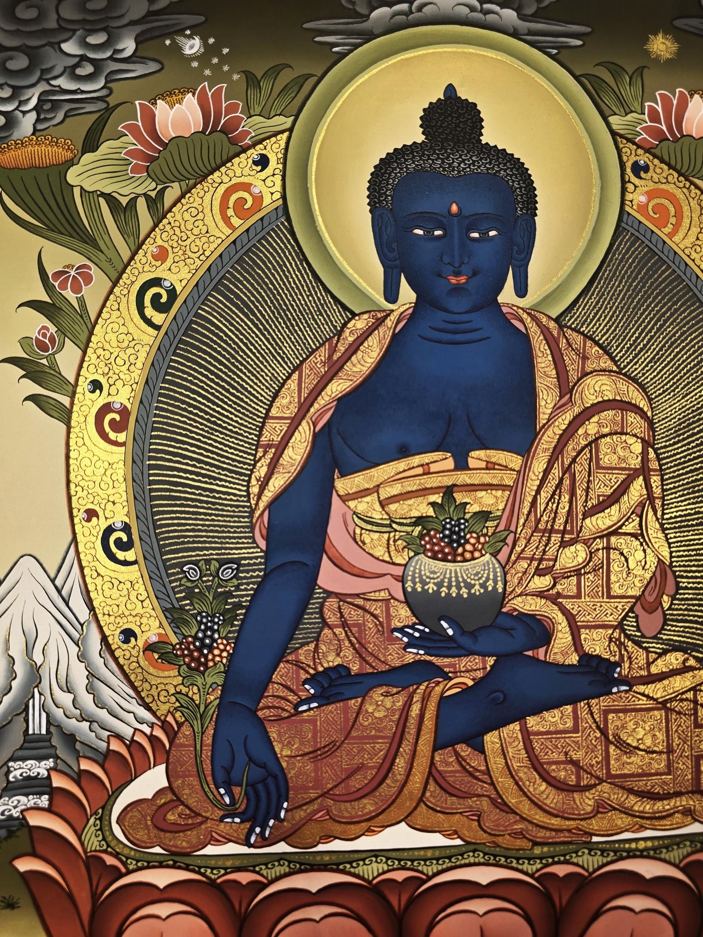 Medicine Buddha Gold Thangka Painting| Hand-Painted Tibetan Healing Art