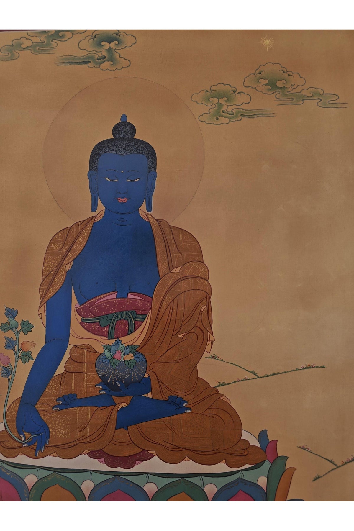 Medicine Buddha Thangka | Hand-Painted Smoky Tibetan Healing Art in Karma Gadri Style