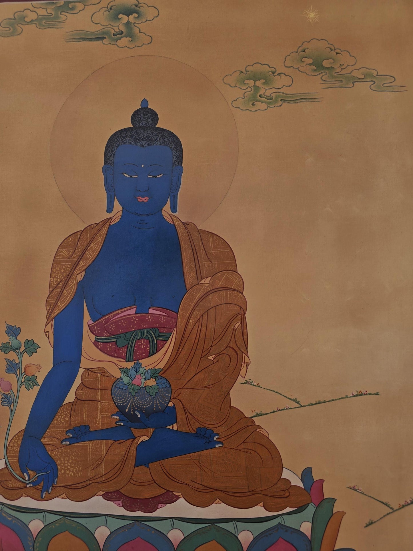 Medicine Buddha Thangka | Hand-Painted Smoky Tibetan Healing Art in Karma Gadri Style