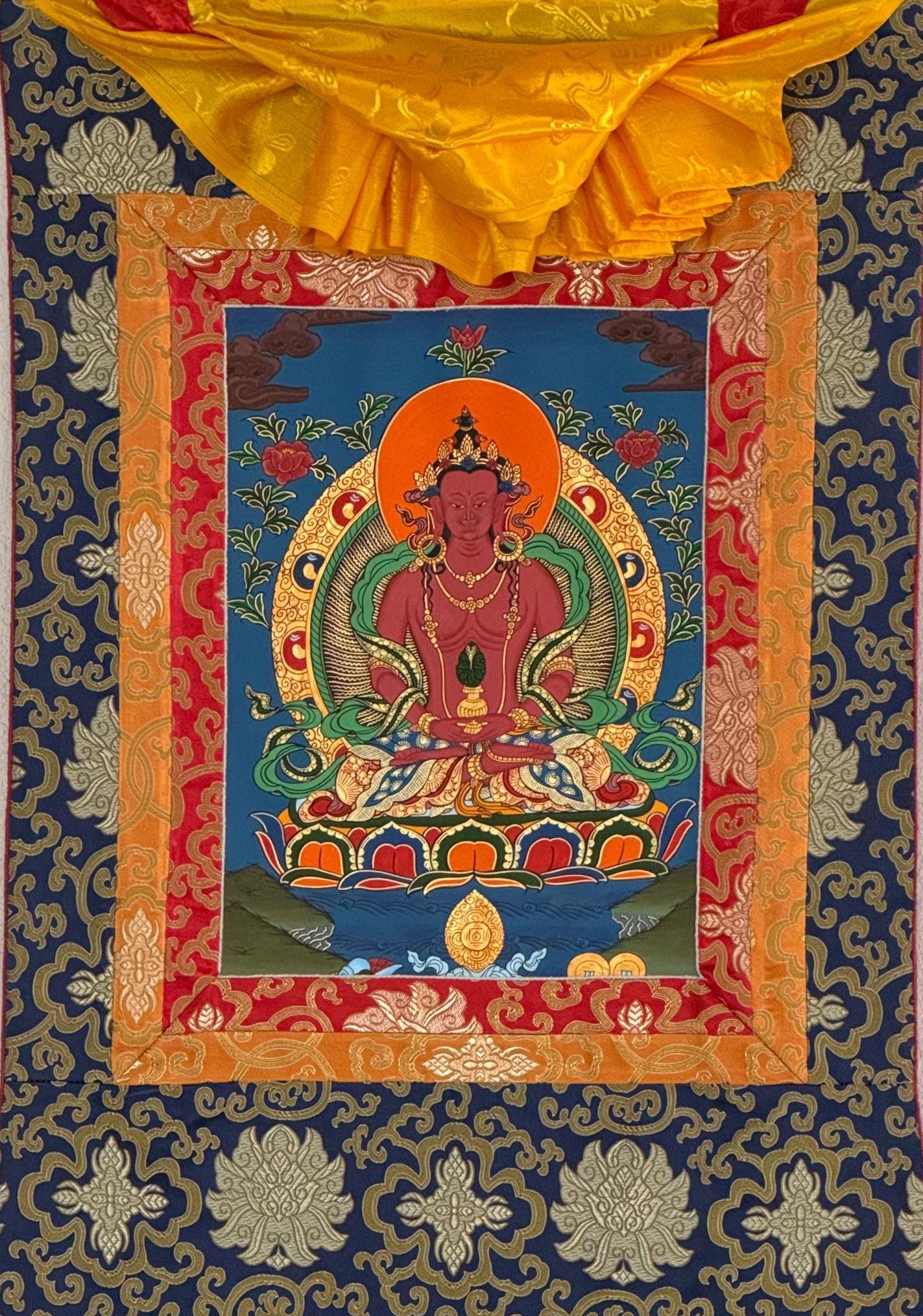 Hand-Painted Amitayus Buddha Thangka, Meditation Wall Hanging with Silk Border