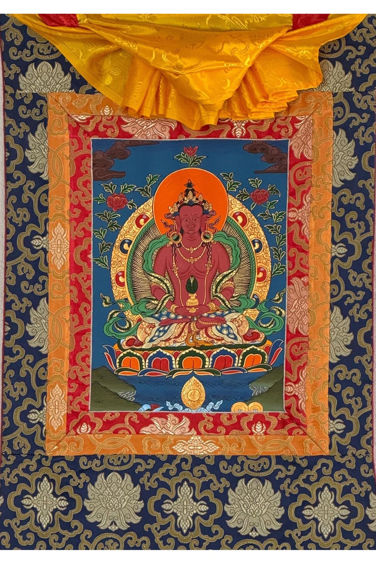 Hand-Painted Amitayus Buddha Thangka, Meditation Wall Hanging with Silk Border