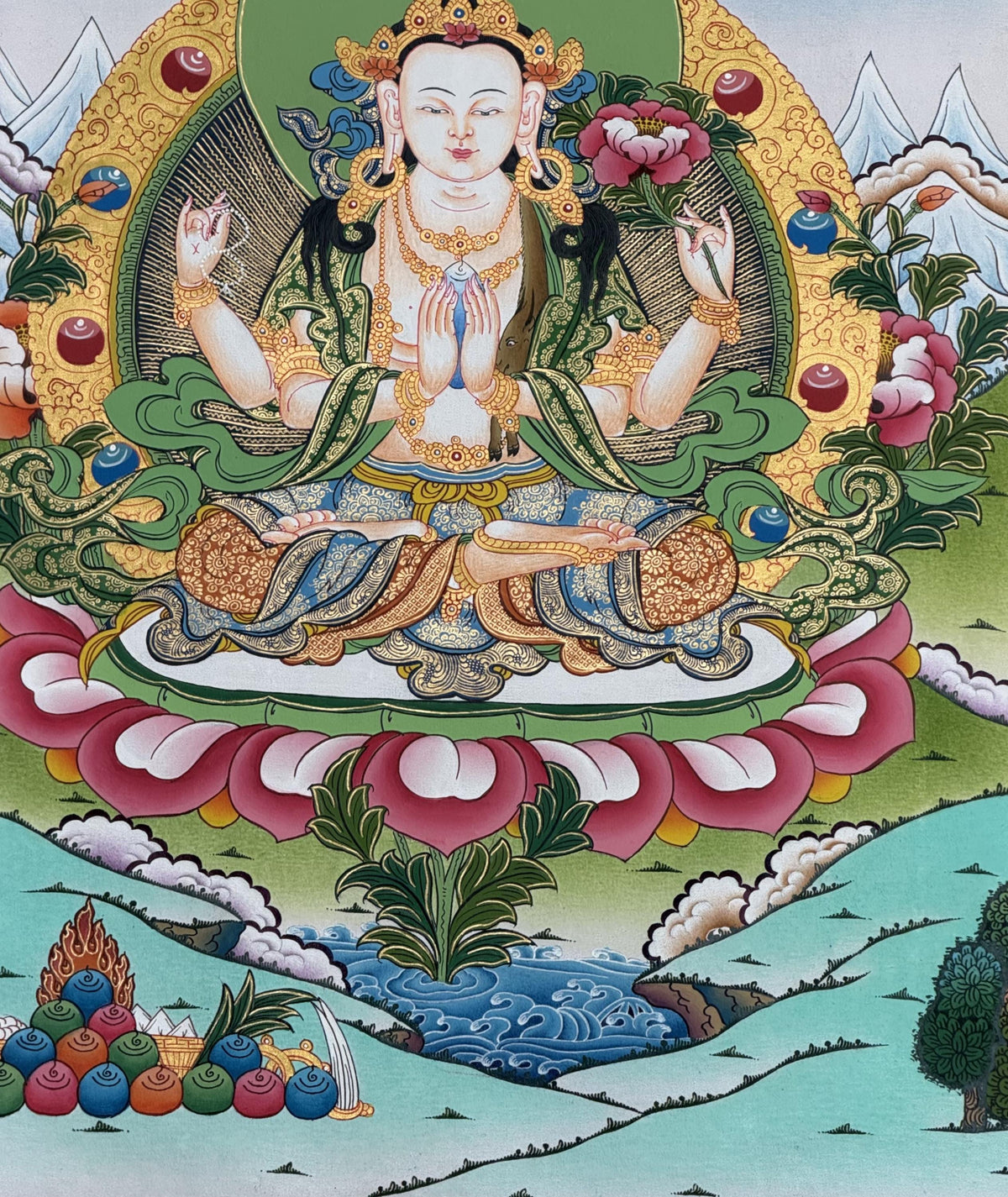 Chenrezig Avalokiteshvara Thangka | Hand Painted Tibetan Buddhist Compassion Art