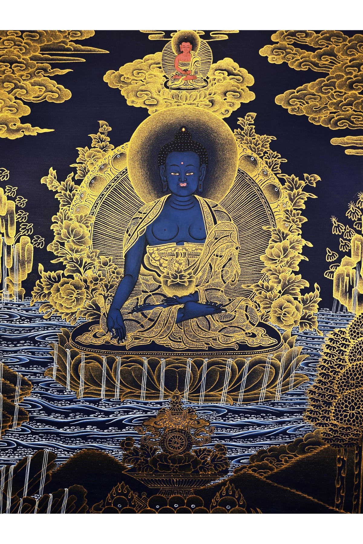 24K Gold Medicine Buddha Thangka Painting, Bhaisajyaguru Healing Art
