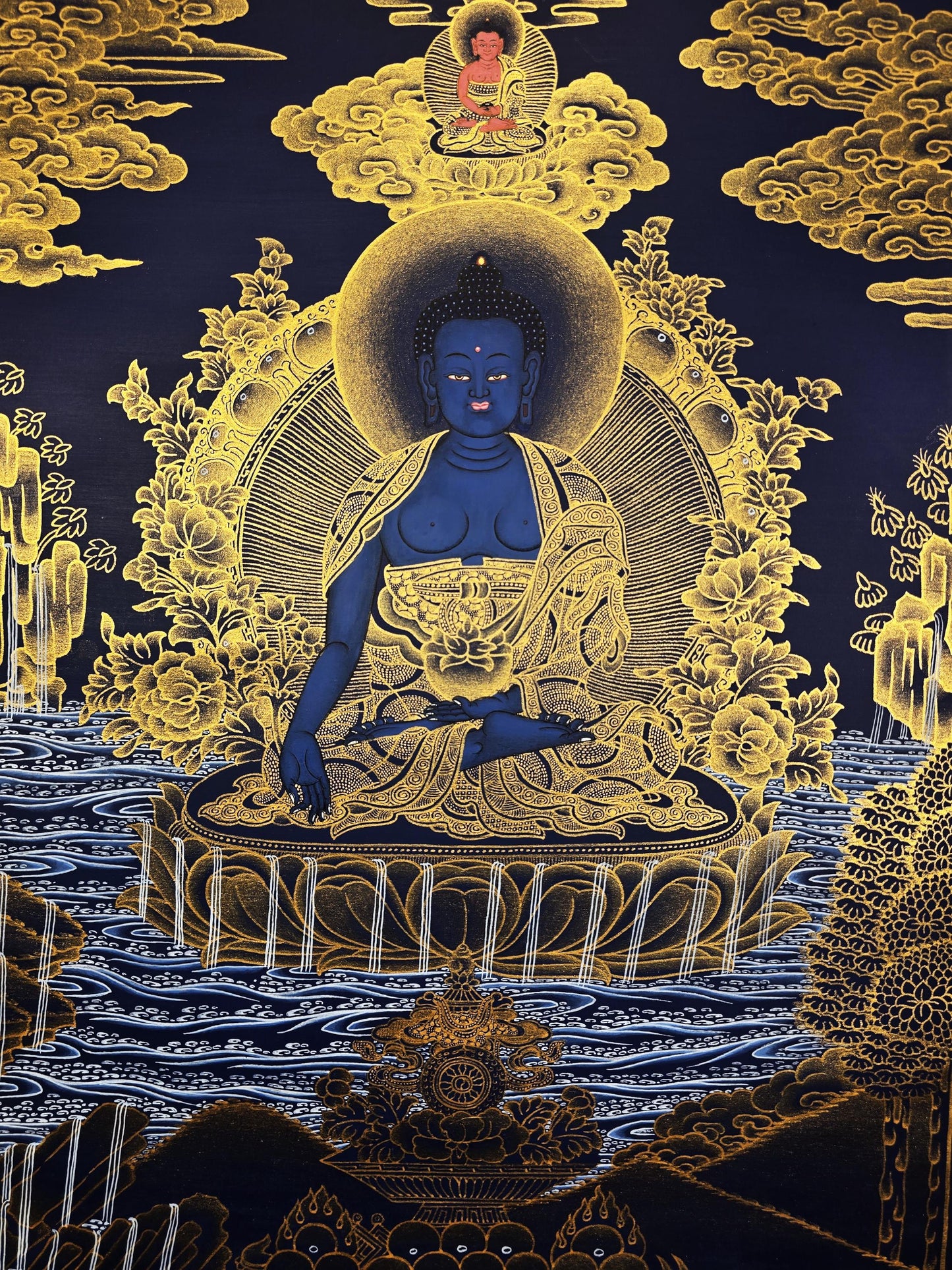 24K Gold Medicine Buddha Thangka Painting, Bhaisajyaguru Healing Art