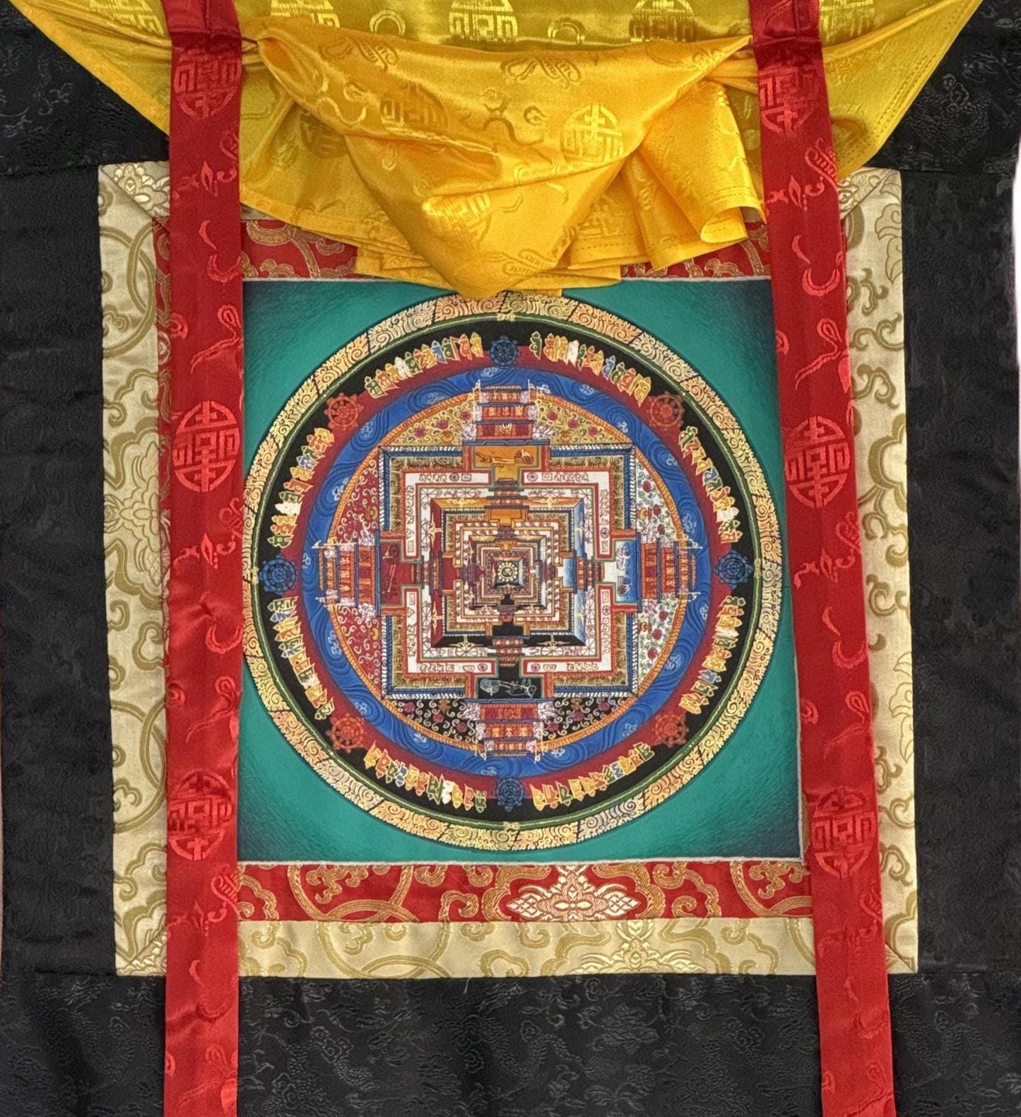 Hand-painted Kalachakra Mandala Thangka | Wheel of Time Tibetan Tantric Mandala Art with Silk Brocade