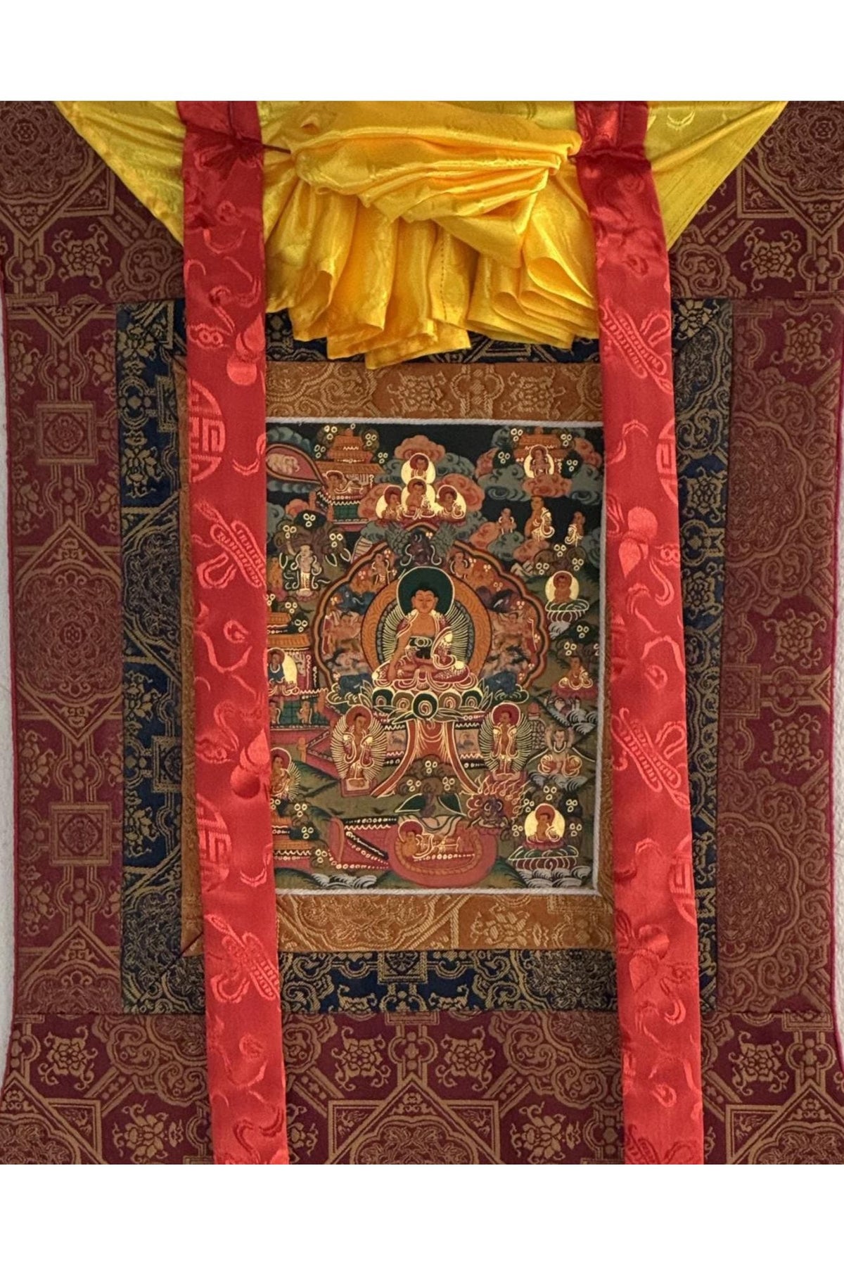 Hand-Painted Buddha of Life Mandala Tibetan Thangka Painting with Silk Brocade