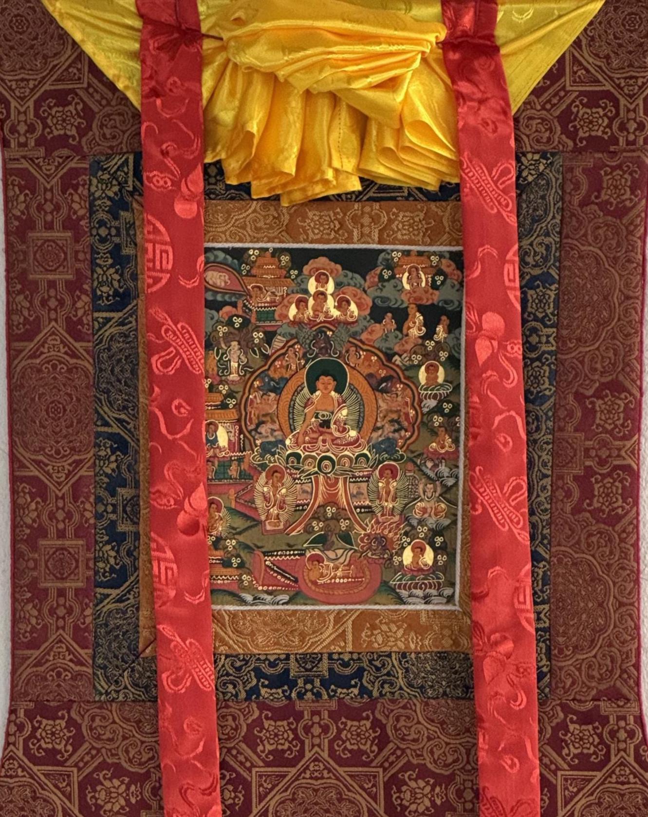 Hand-Painted Buddha of Life Mandala Tibetan Thangka Painting with Silk Brocade