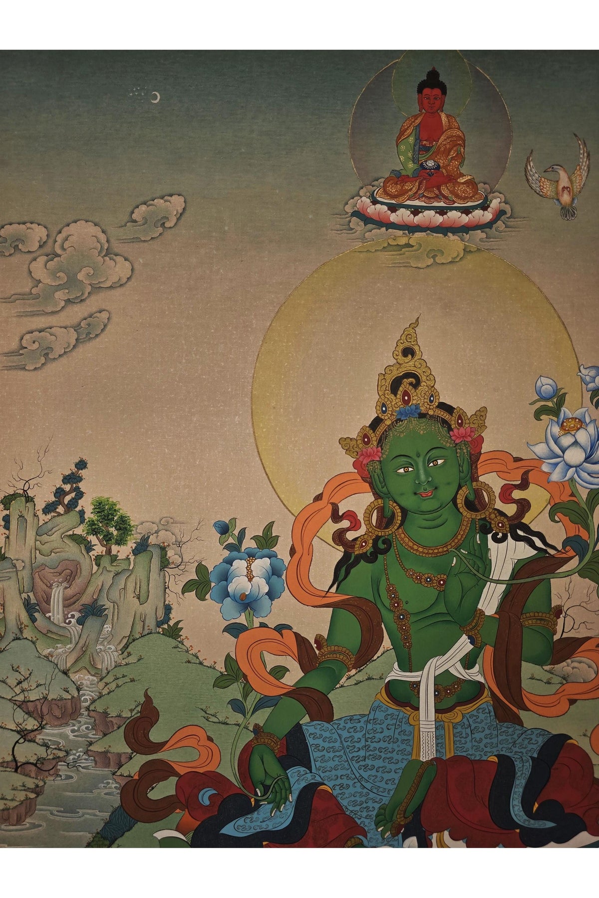 Green Tara Tibetan Thangka Painting in Karma Gadri Style - 24 Karat Gold