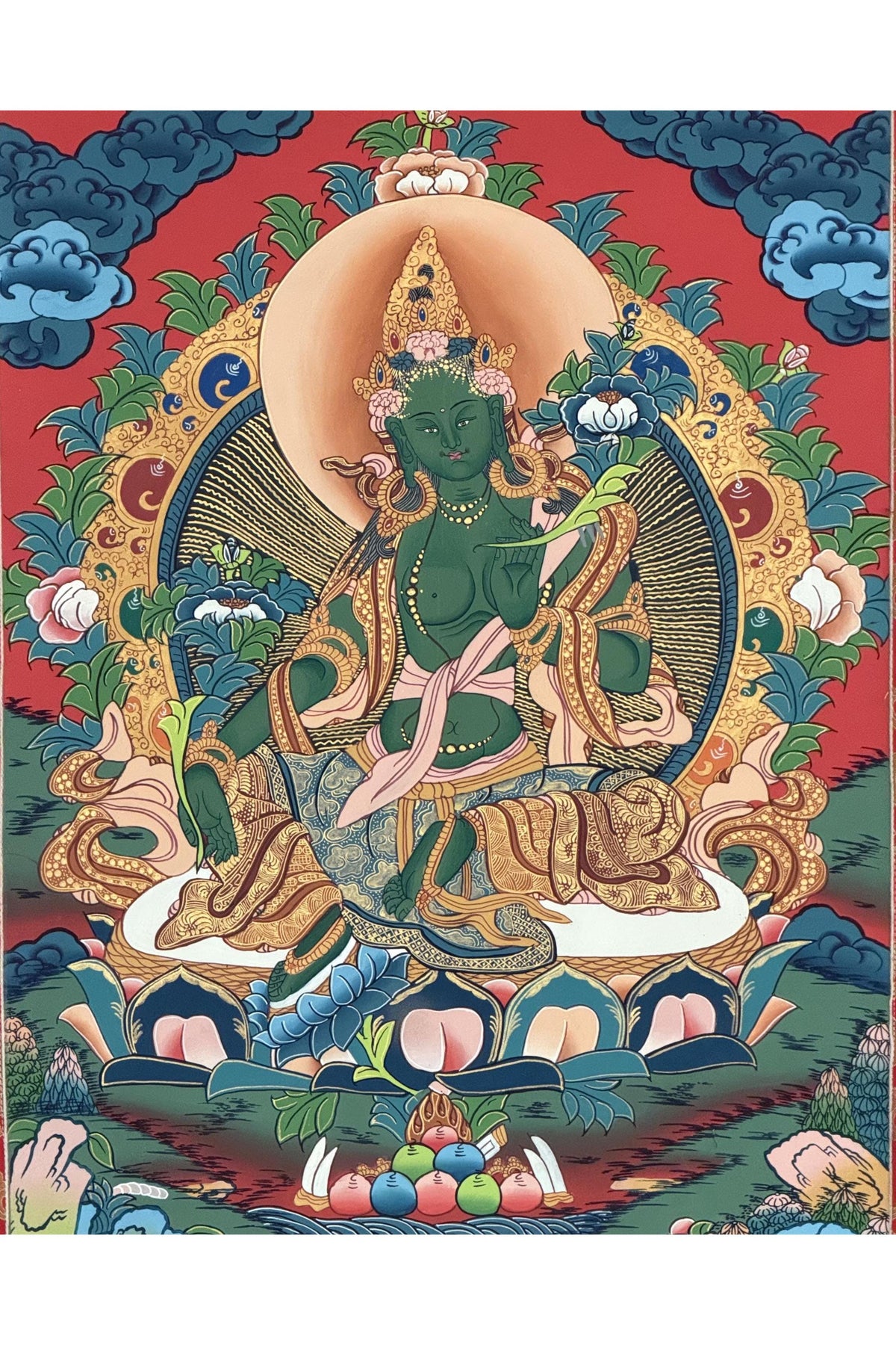 Hand-Painted Green Tara Thangka Painting, Tibetan Compassion Art
