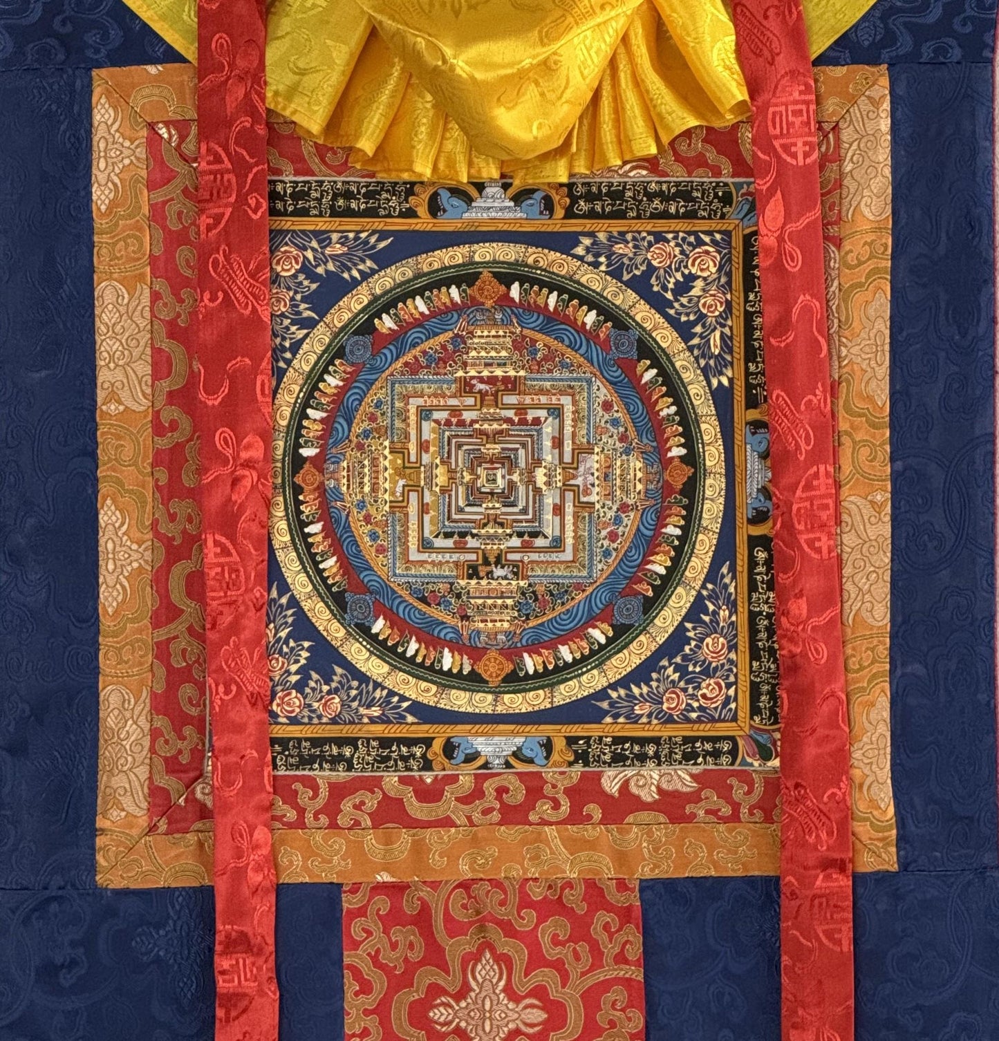 Hand-Painted Kalachakra Mandala Thangka | Wheel of Time Tibetan Tantric Art with Silk Brocade