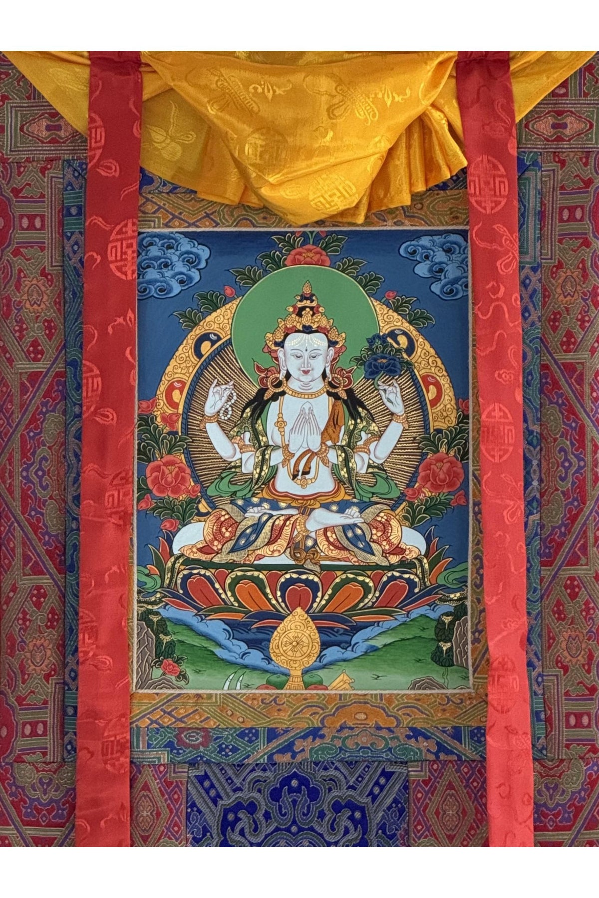 Hand-Painted Chenrezig Thangka | Avalokiteshvara Tibetan Compassion Art with Khadi Silk Brocade